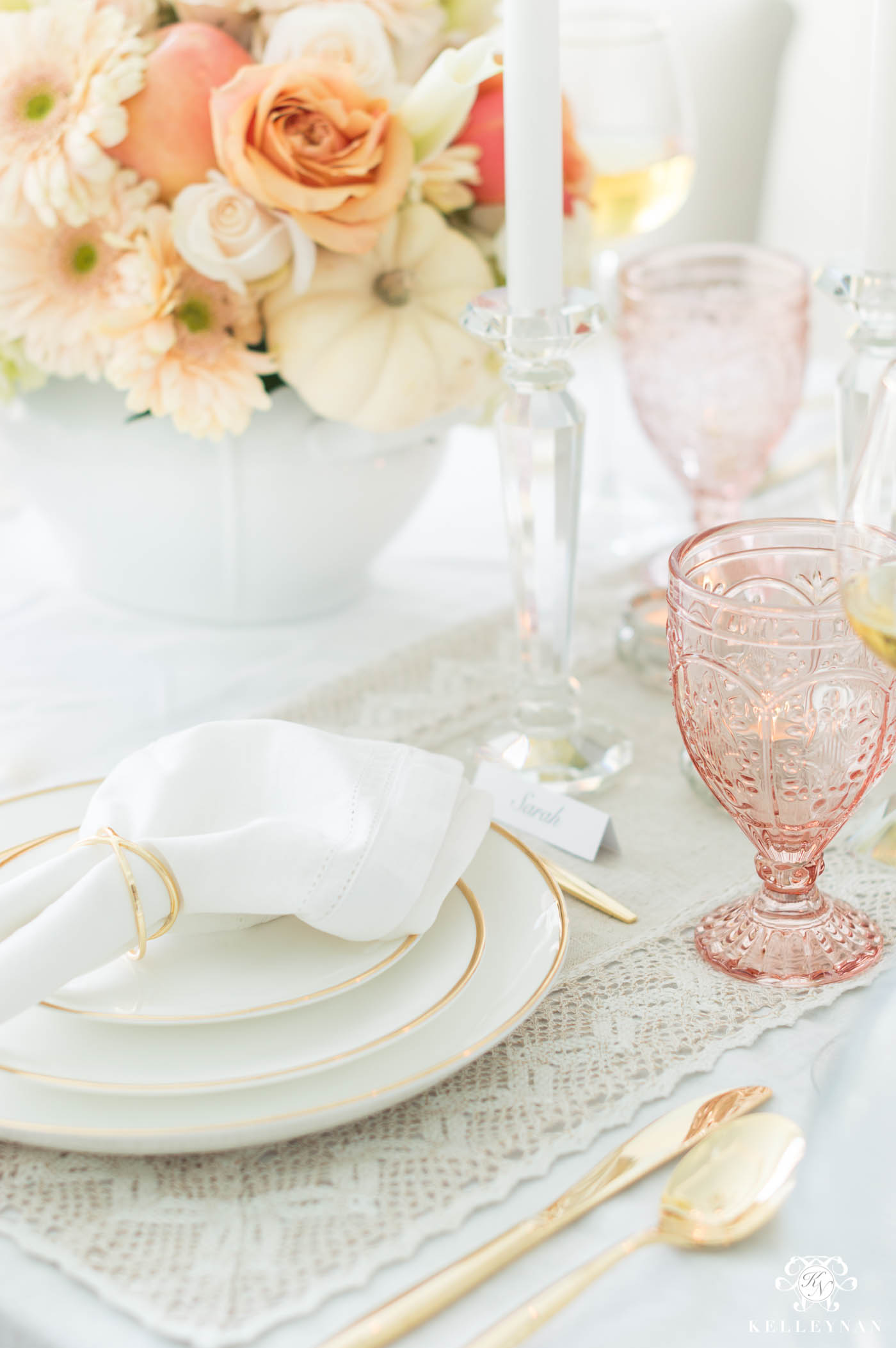 Gold, White, & Pink Thanksgiving Place Settings at Formal Table