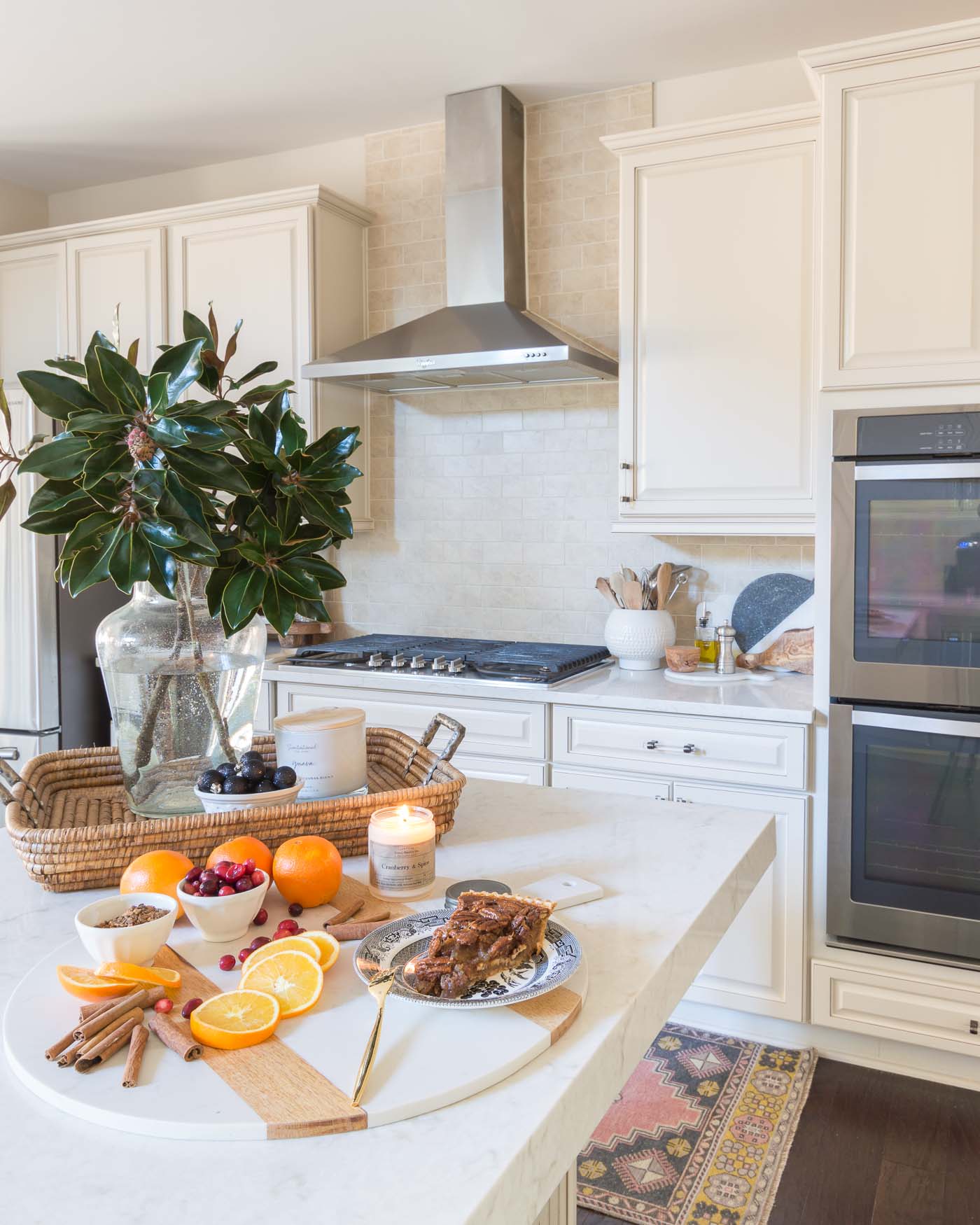 Christmas kitchen with magnolia leaves