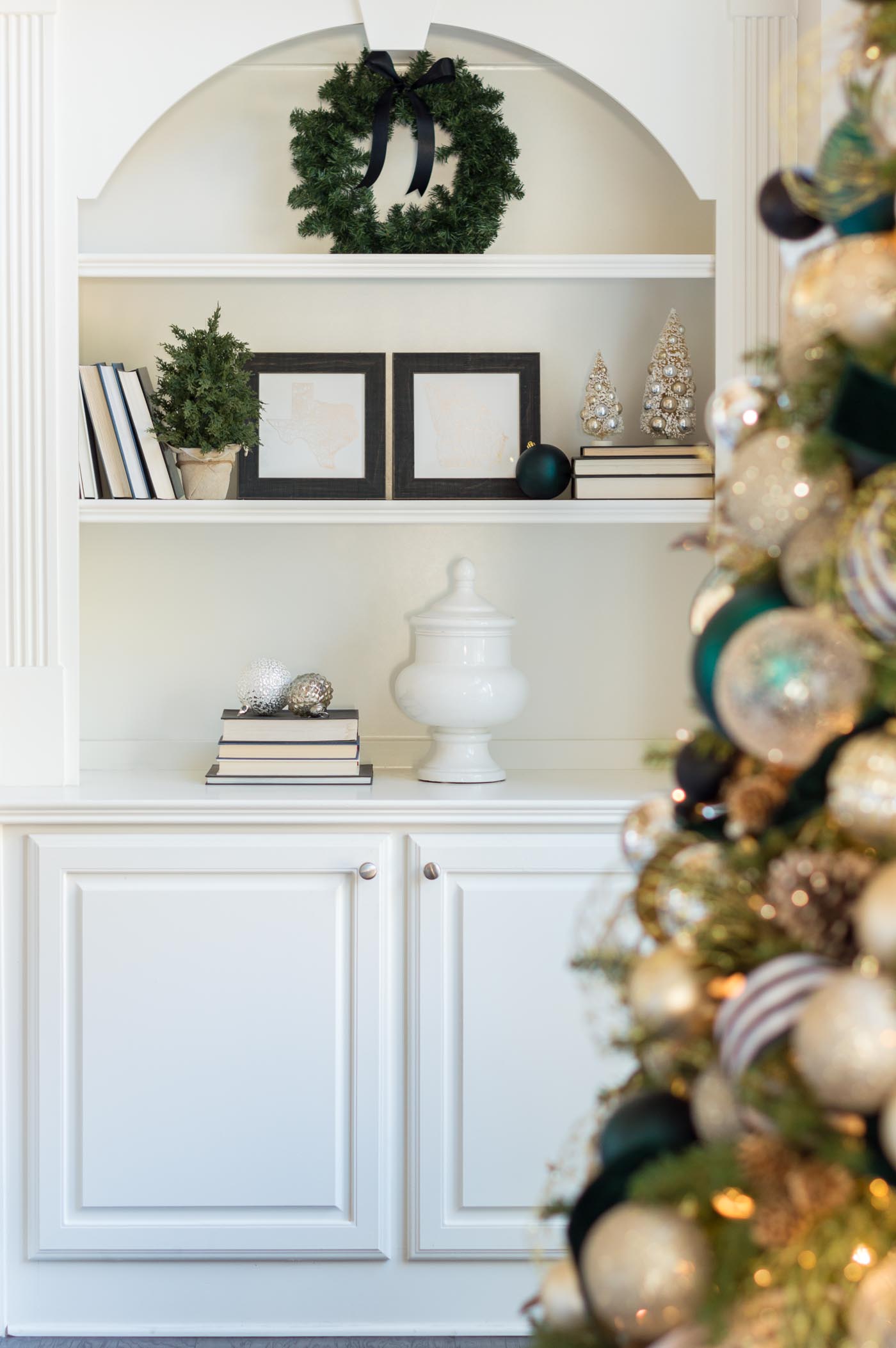 Christmas bookshelf styling