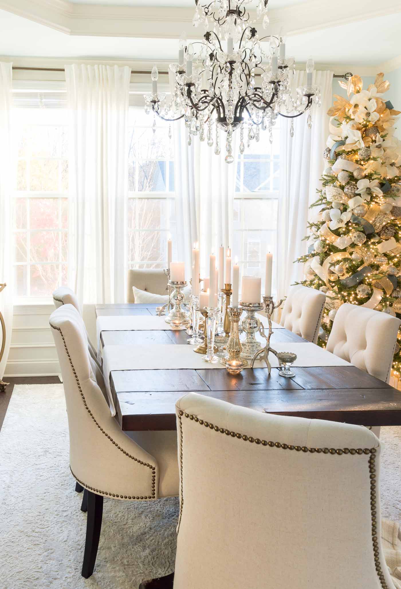 candle centerpiece and other Christmas dining room decorations
