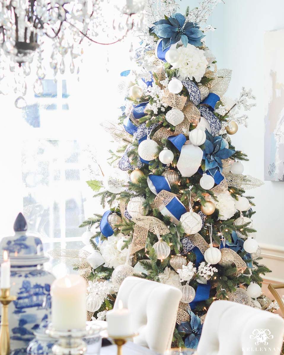 Decorations of Blue on White Christmas Tree - Southern State of