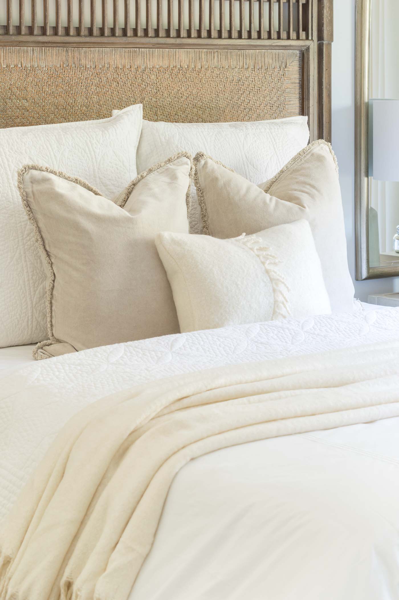 Bed pillows for queen sized bed with stacked throw pillows