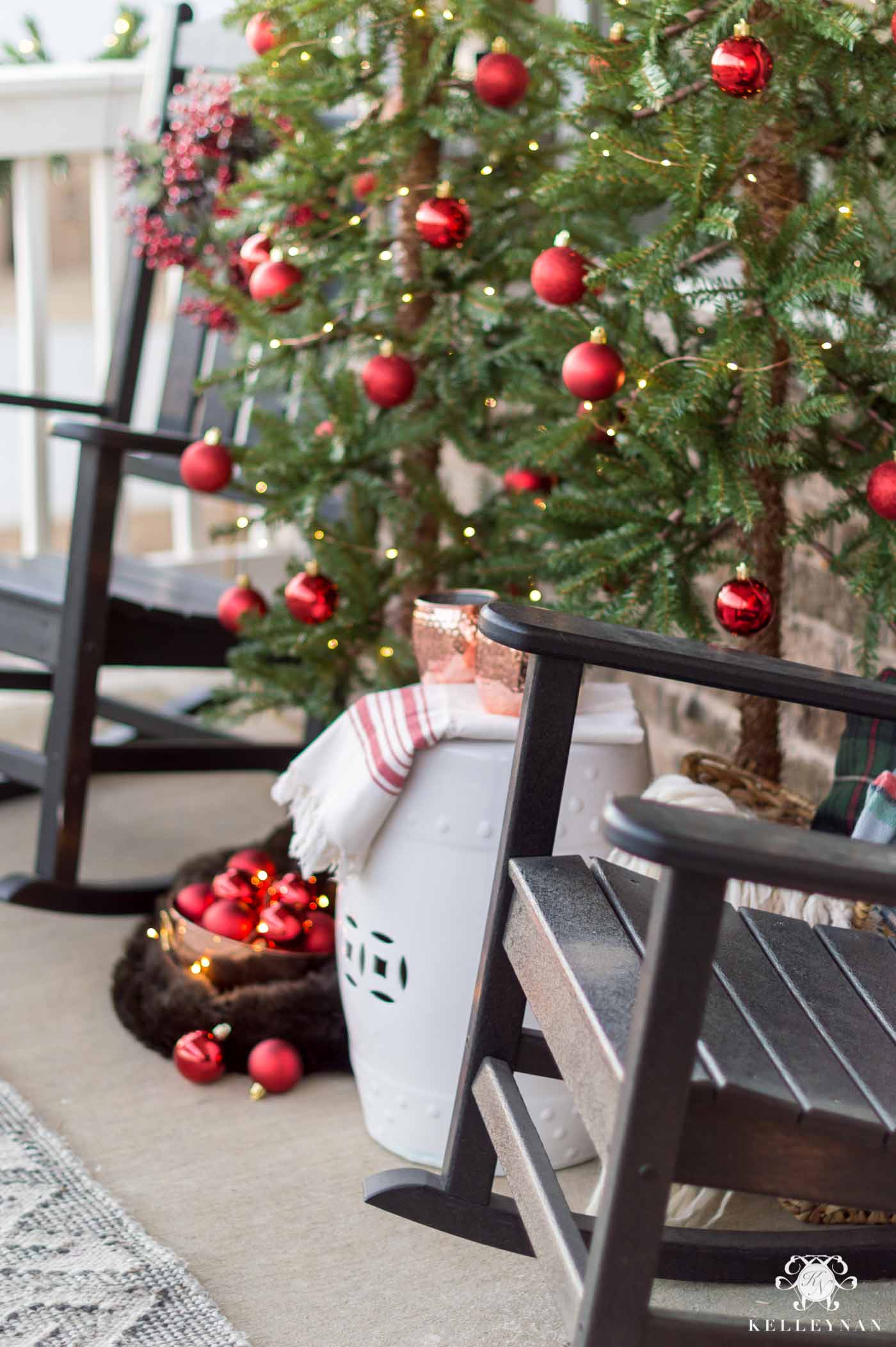 A Twist on Classic Front Porch Christms Decor with Multiple Trees