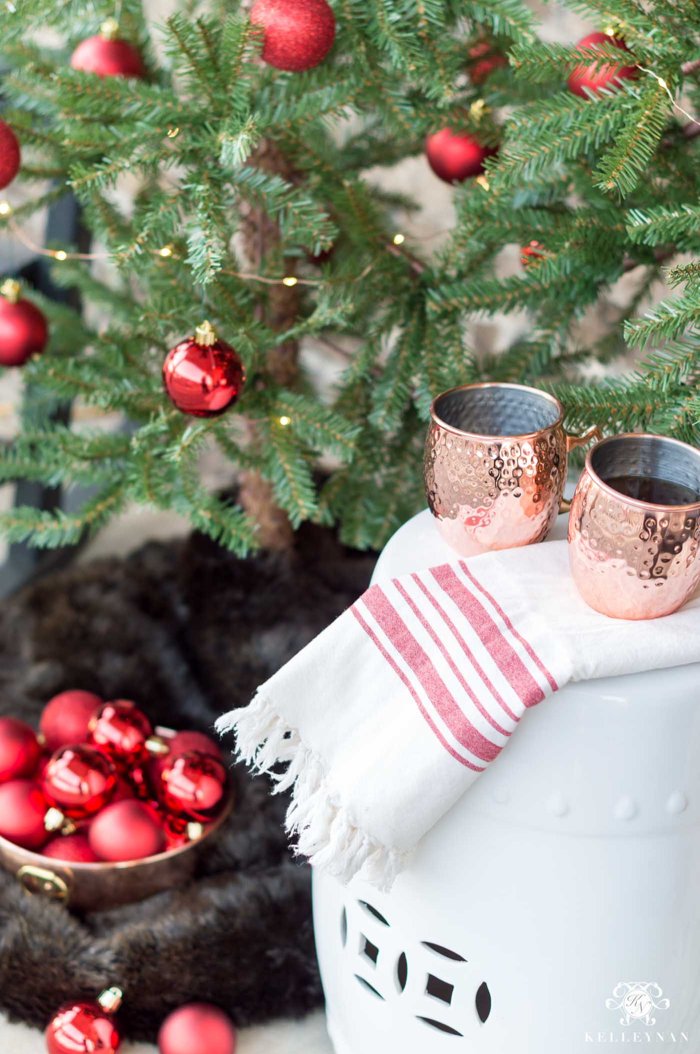 Copper and red front porch Christmas color scheme