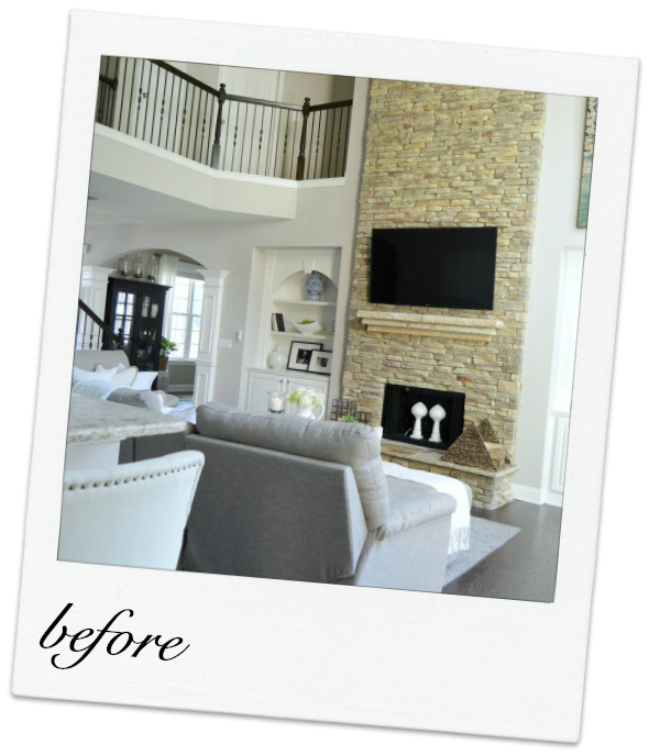 family room makeover with tall stone fireplace