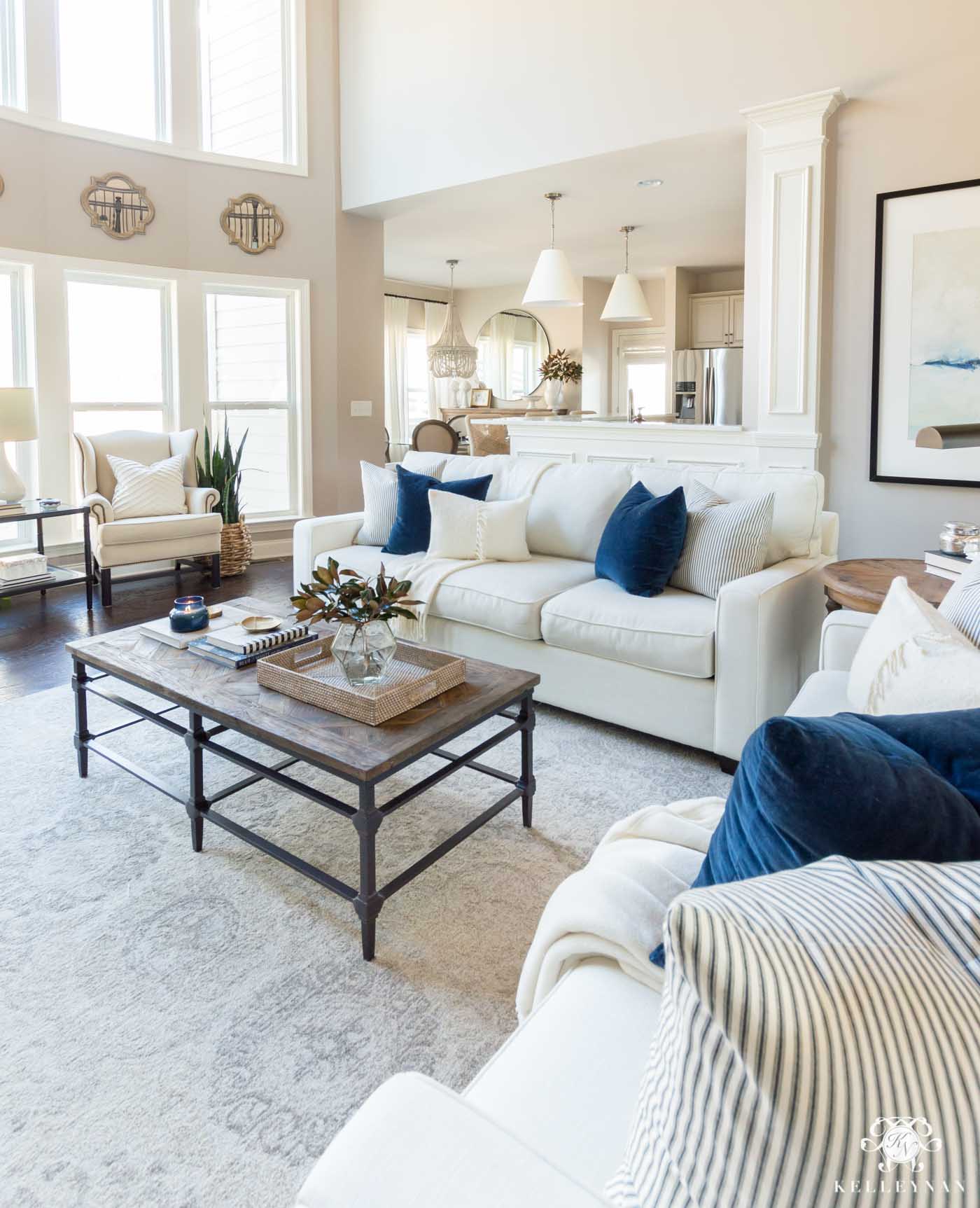 Open concept living room with blue and white decor