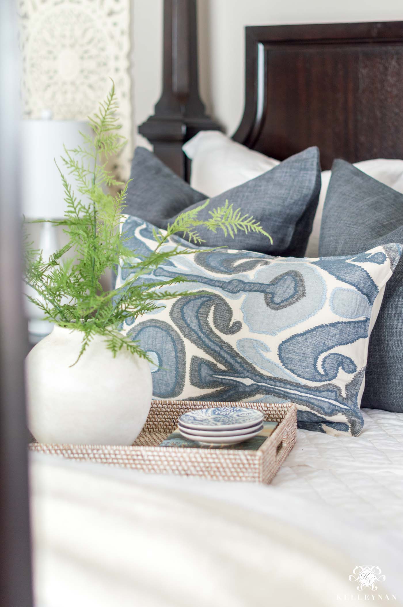 layered guest bedroom bedding with blue and white color scheme