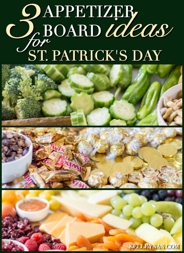 Three appetizer board ideas for St. Patrick's Day including fruit and cheese, all green vegetable, and gold candy!