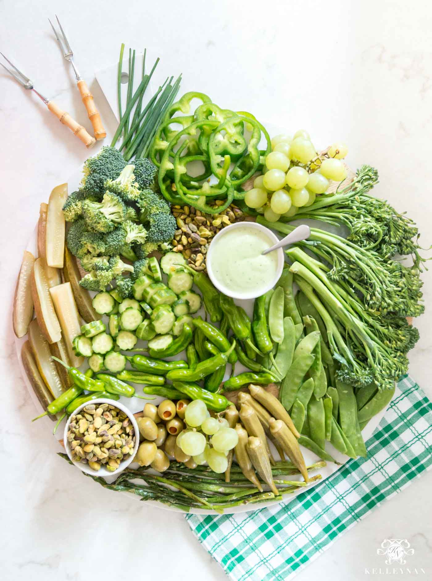 All green vegetable board for St. Patrick's Day food, plus, two other charcuterie cheese and fruit tray ideas