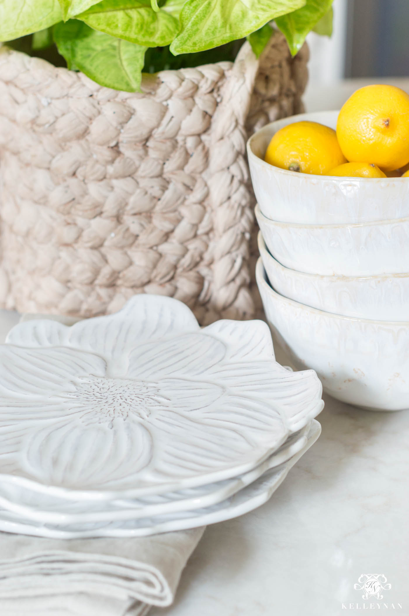 Floral plates and other pretty kitchen island decor