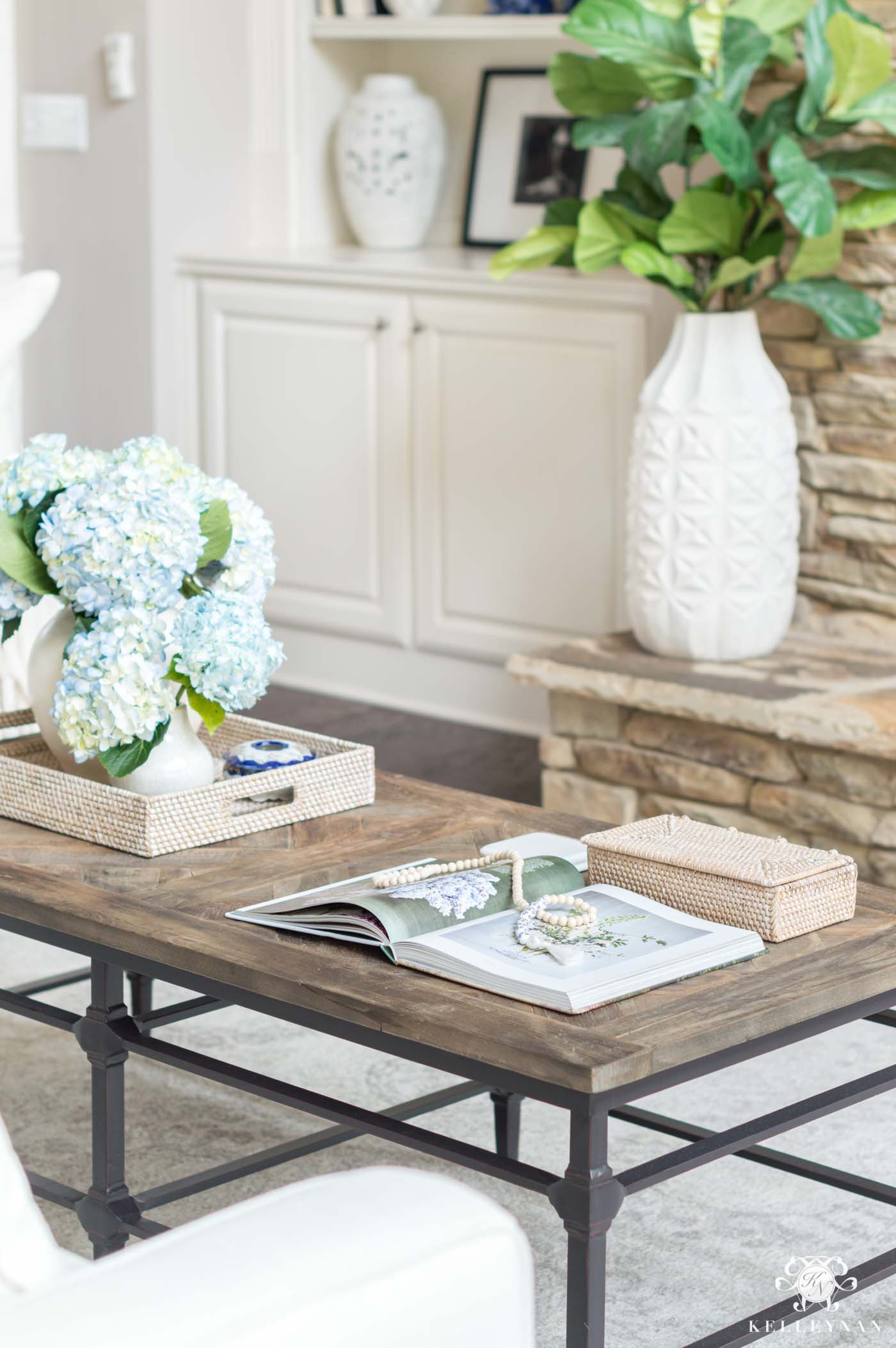 Coffee table styling and decor in the living room