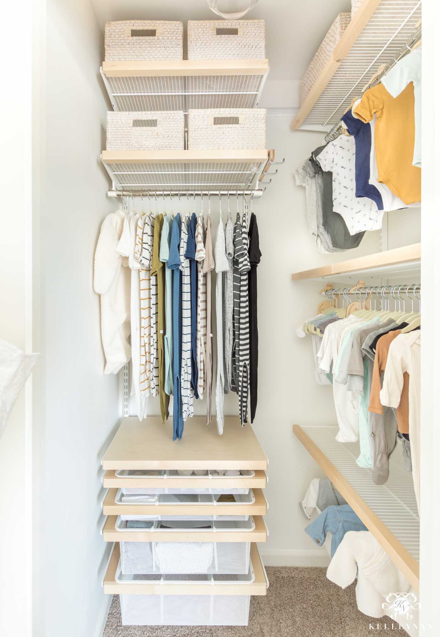 Baby nursery closet with long hang and triple hang sections 