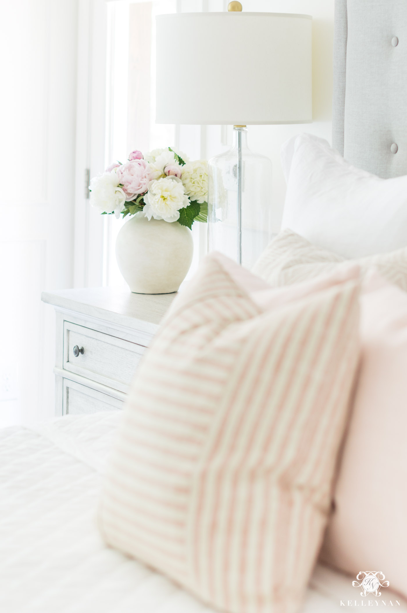 Elegant White Master Bedroom & Blush Decorative Pillows - The Pink