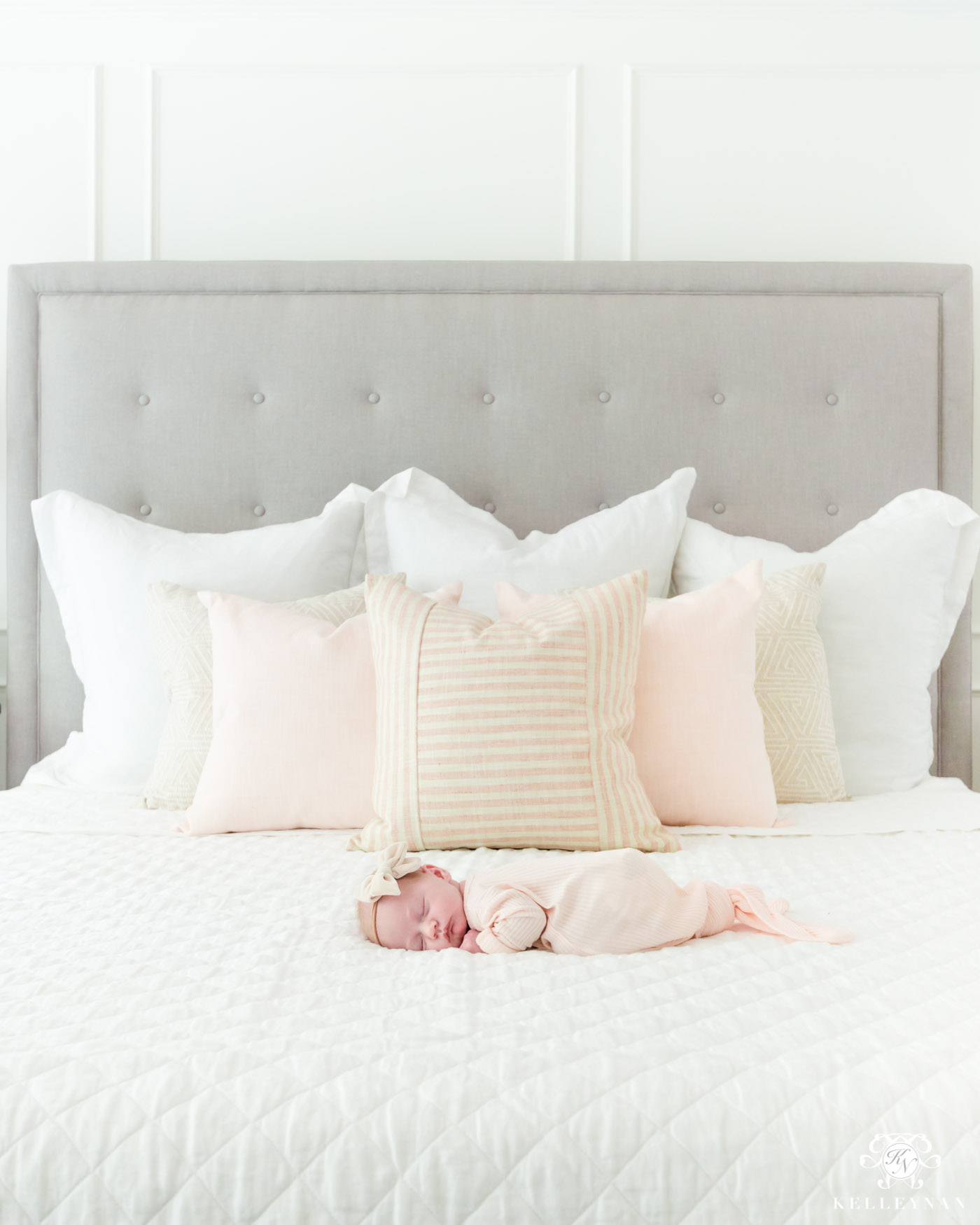 Elegant White Master Bedroom & Blush Decorative Pillows - The Pink