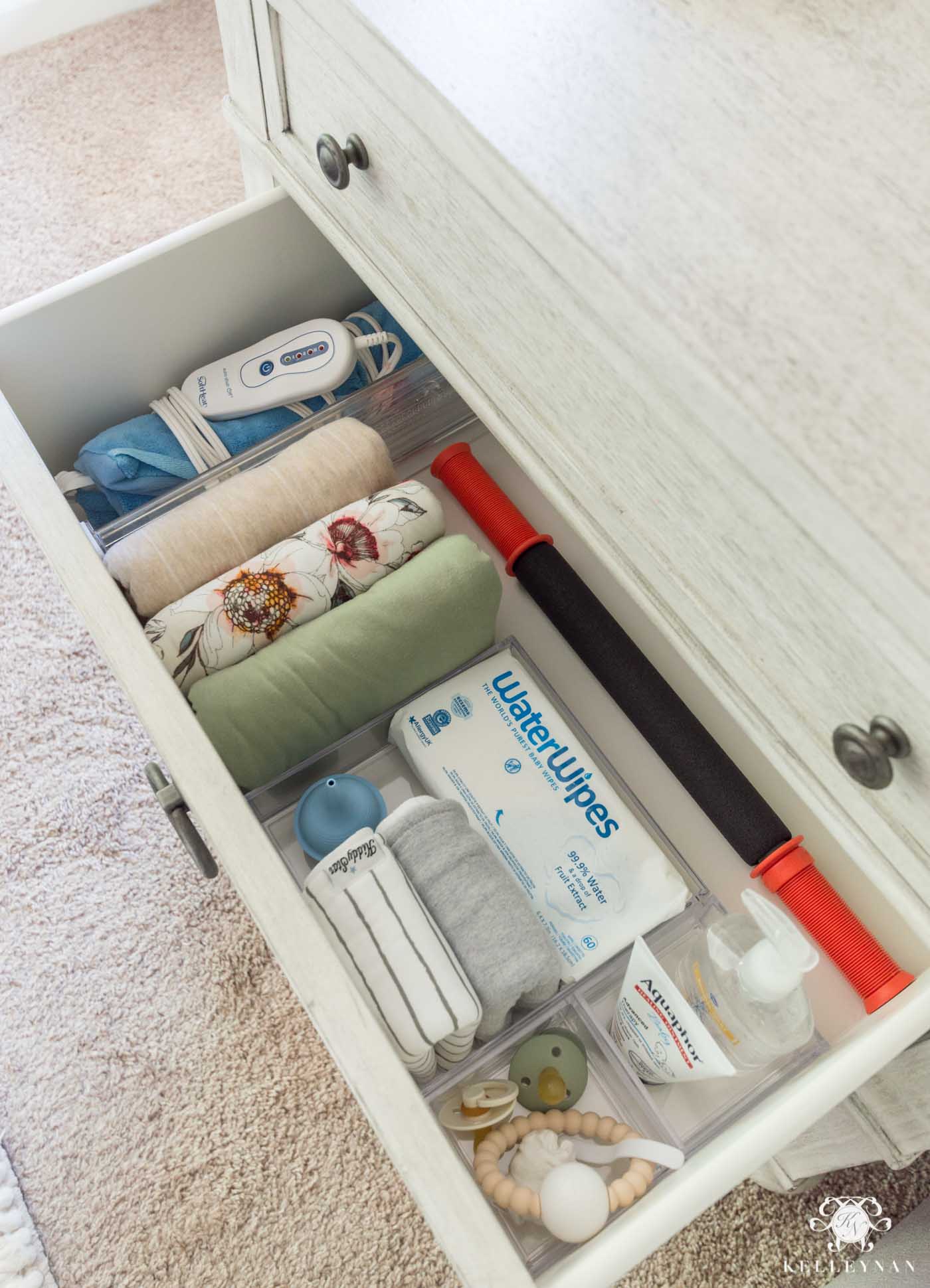 Organized nightstand with baby items