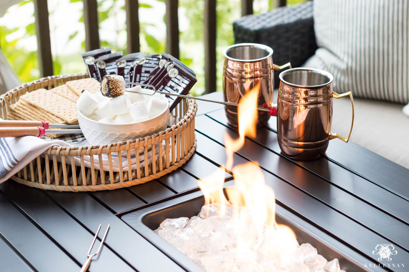 Fire pit s'mores on the back porch