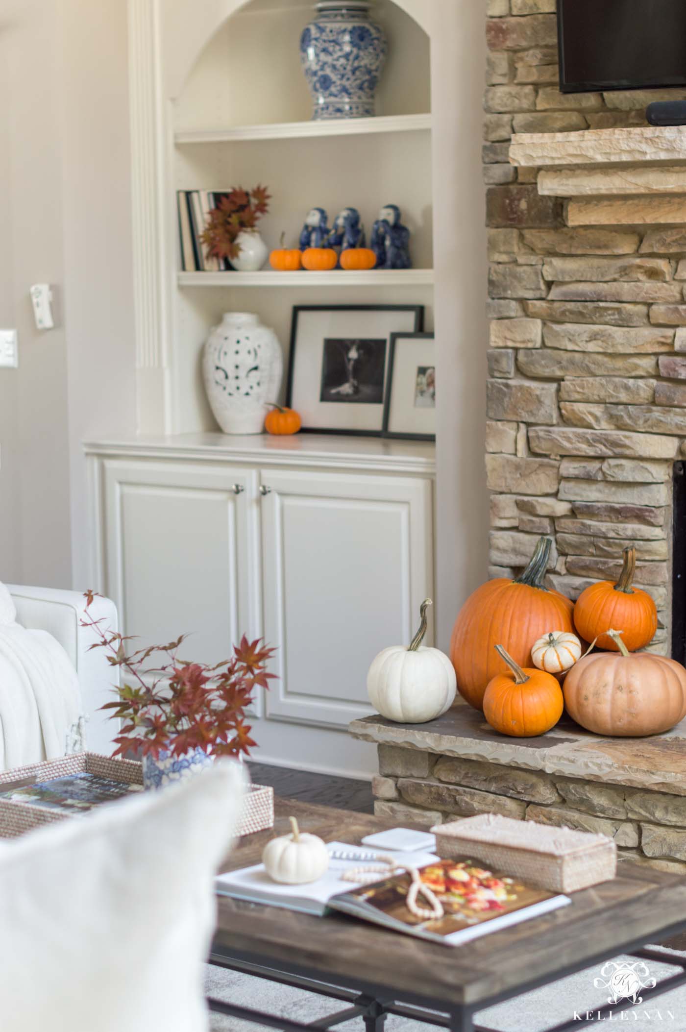 Fall decorating ideas with orange pumpkins