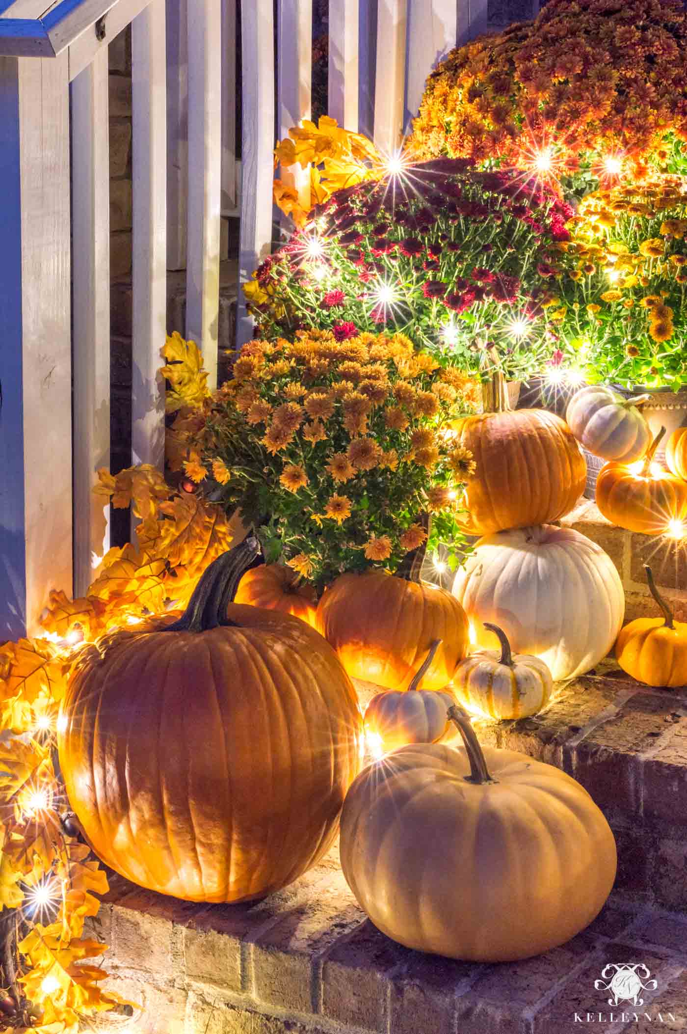 Fall porch decor with twinkle lights