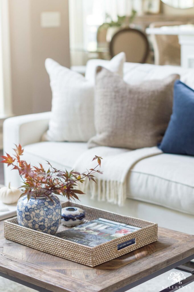 Navy and Orange Fall Living Room Decor - Kelley Nan