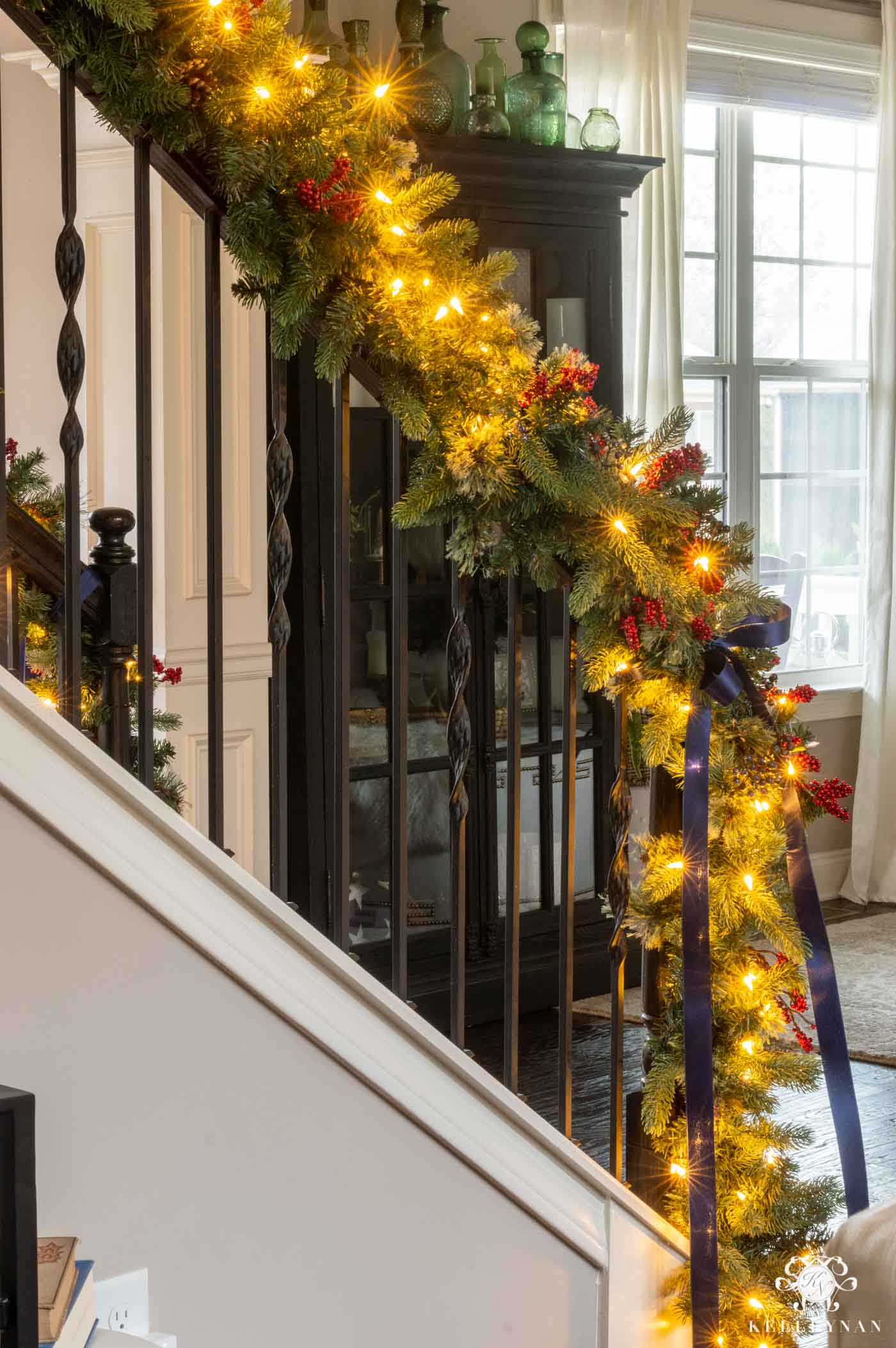 Stair Banister Garland with Blue and Red Berries and Navy Satin Ribbon