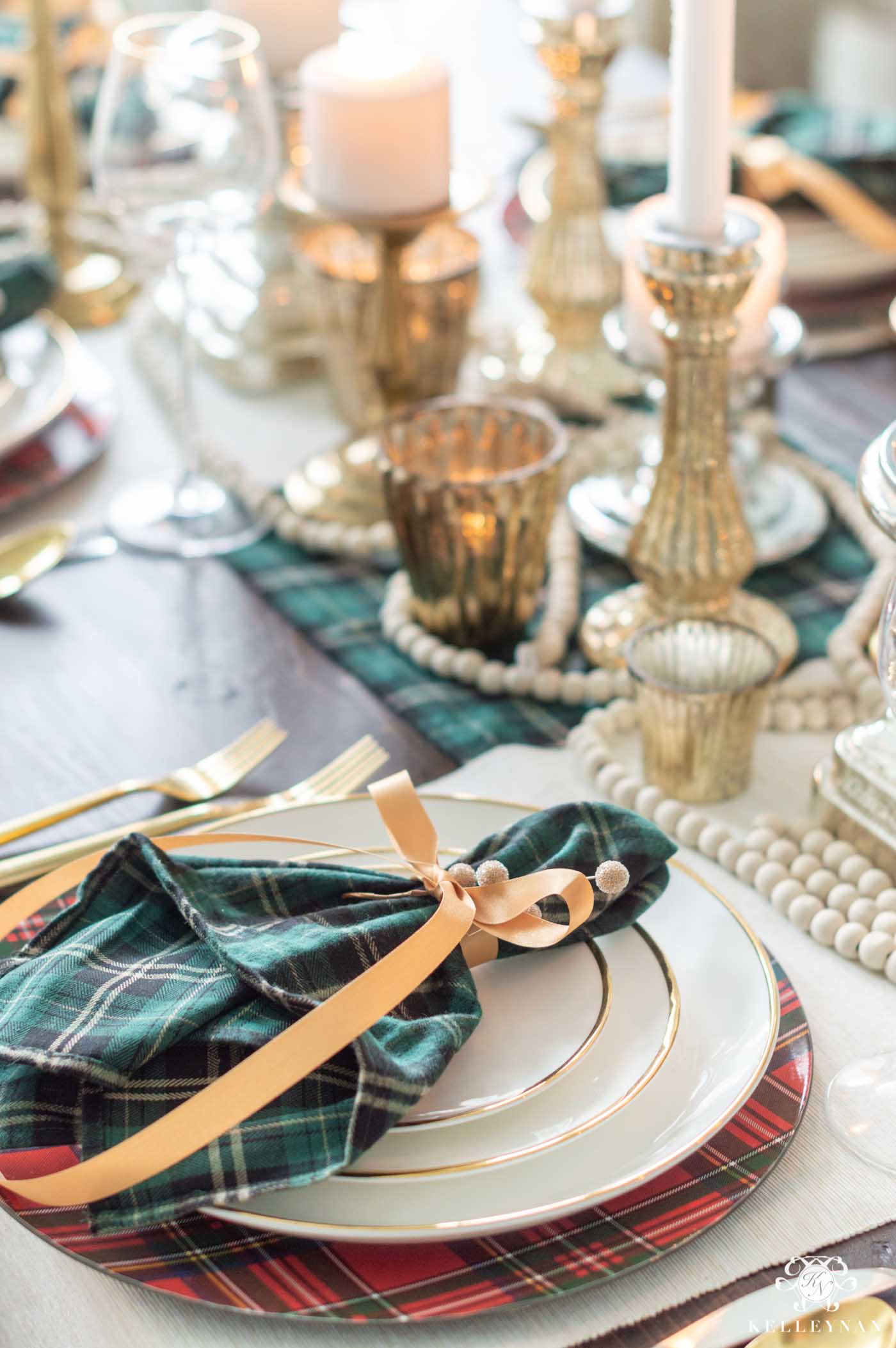 Plaid Christmas Table Decorations with Candle Centerpiece