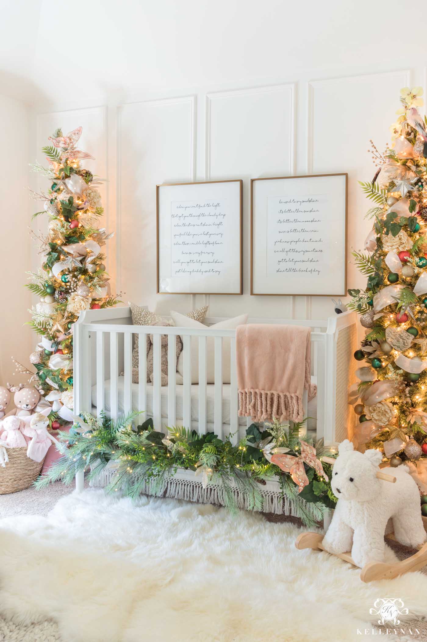 Baby Nursery Christmas Trees Flanking the Crib