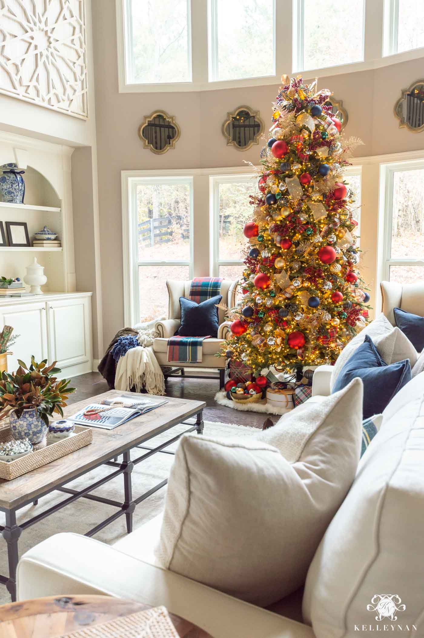 Christmas Living Room with Navy and Red Decorations