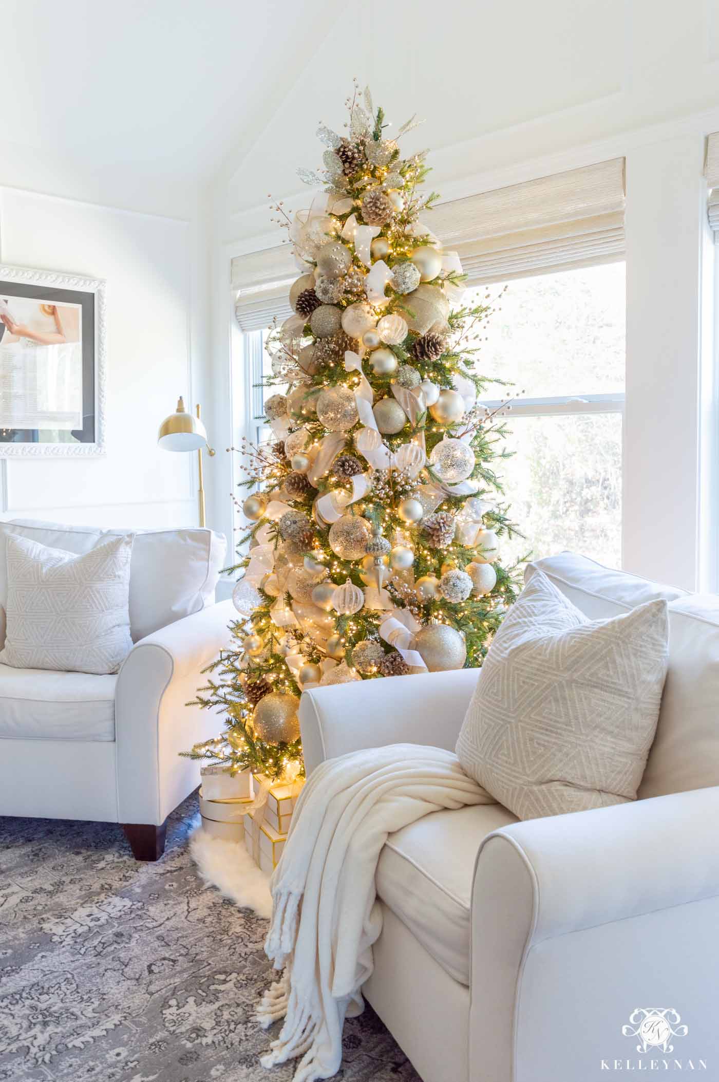 White and Gold Christmas Tree in the Bedroom