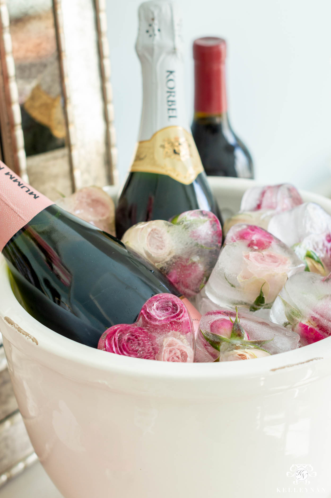 Heart Shaped Ice with Frozen Sweetheart Roses -- The Perfect Mimosa Bar Idea!