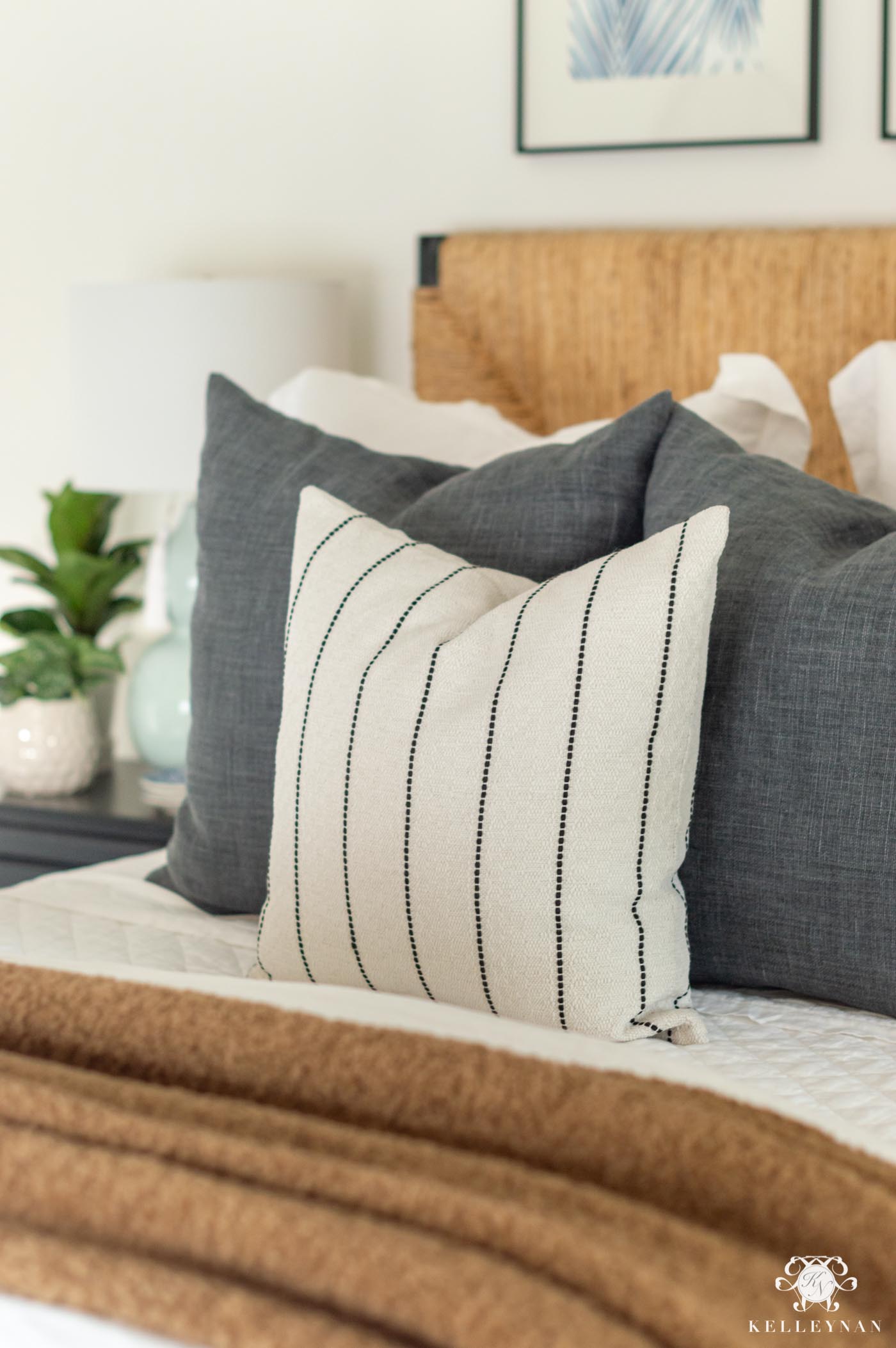 Blue, White, Black and Brown Bedding and Pillows