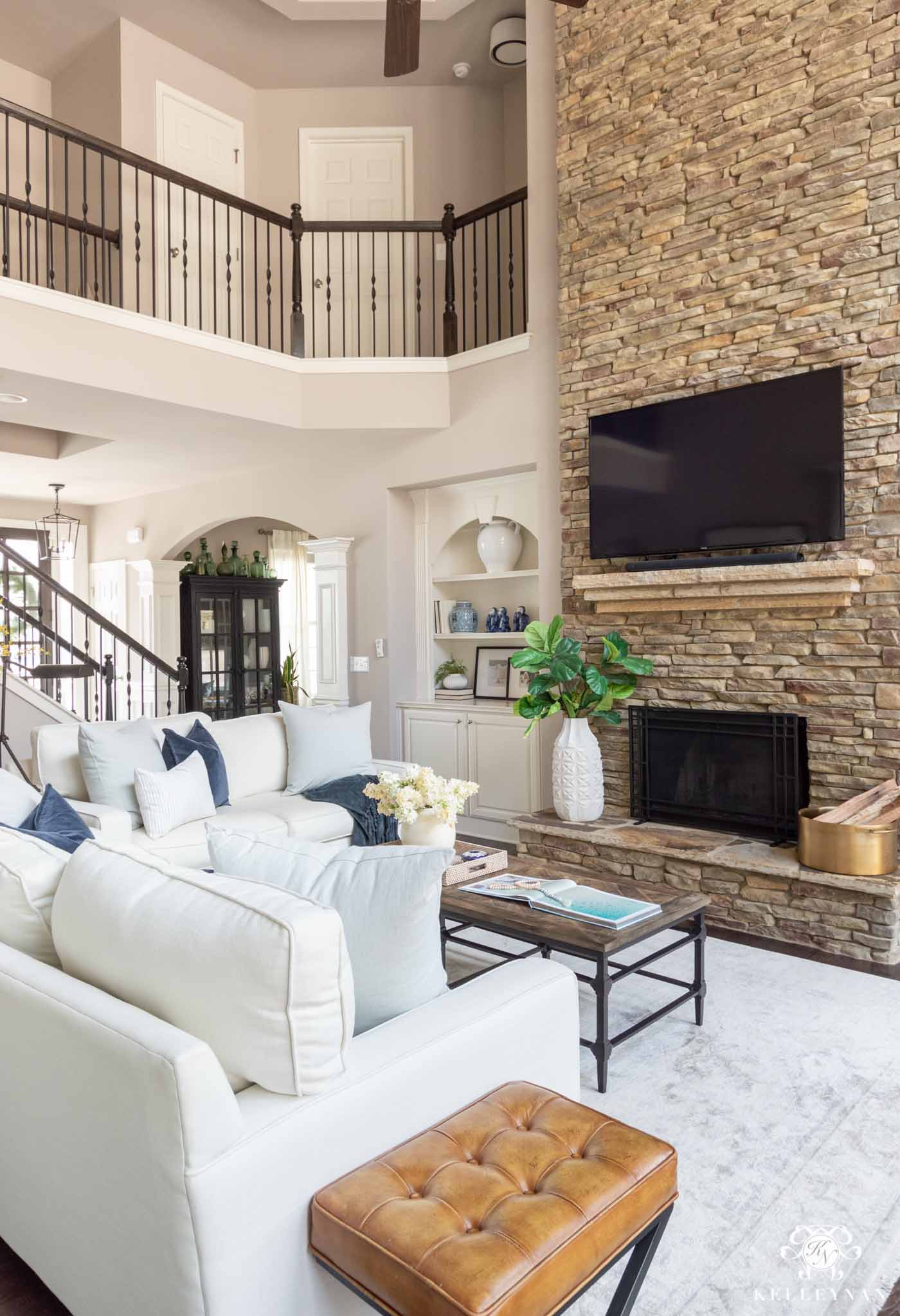 Living Room Design with Stone Fireplace