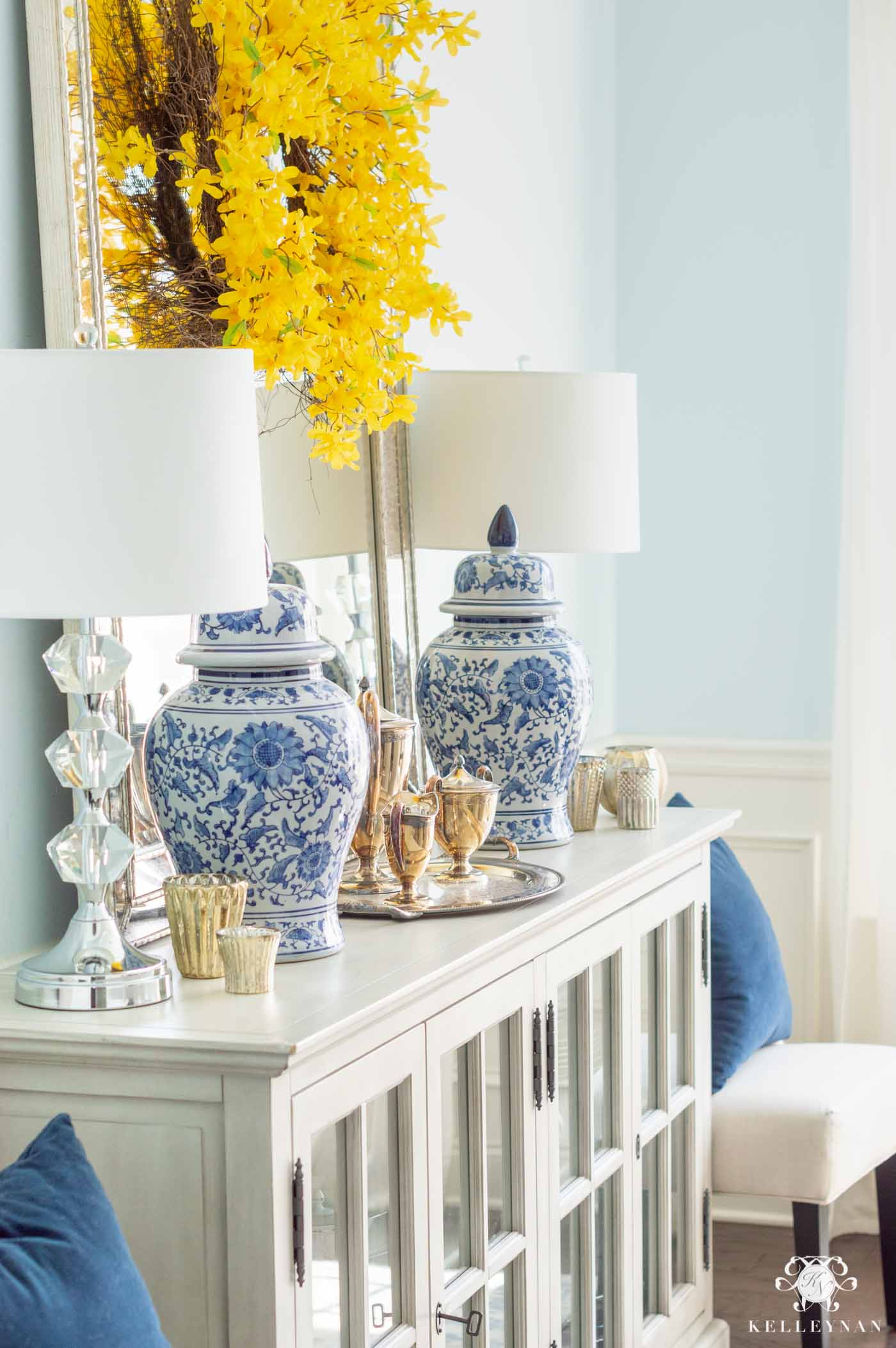 Blue and Yellow Spring Sideboard Decor