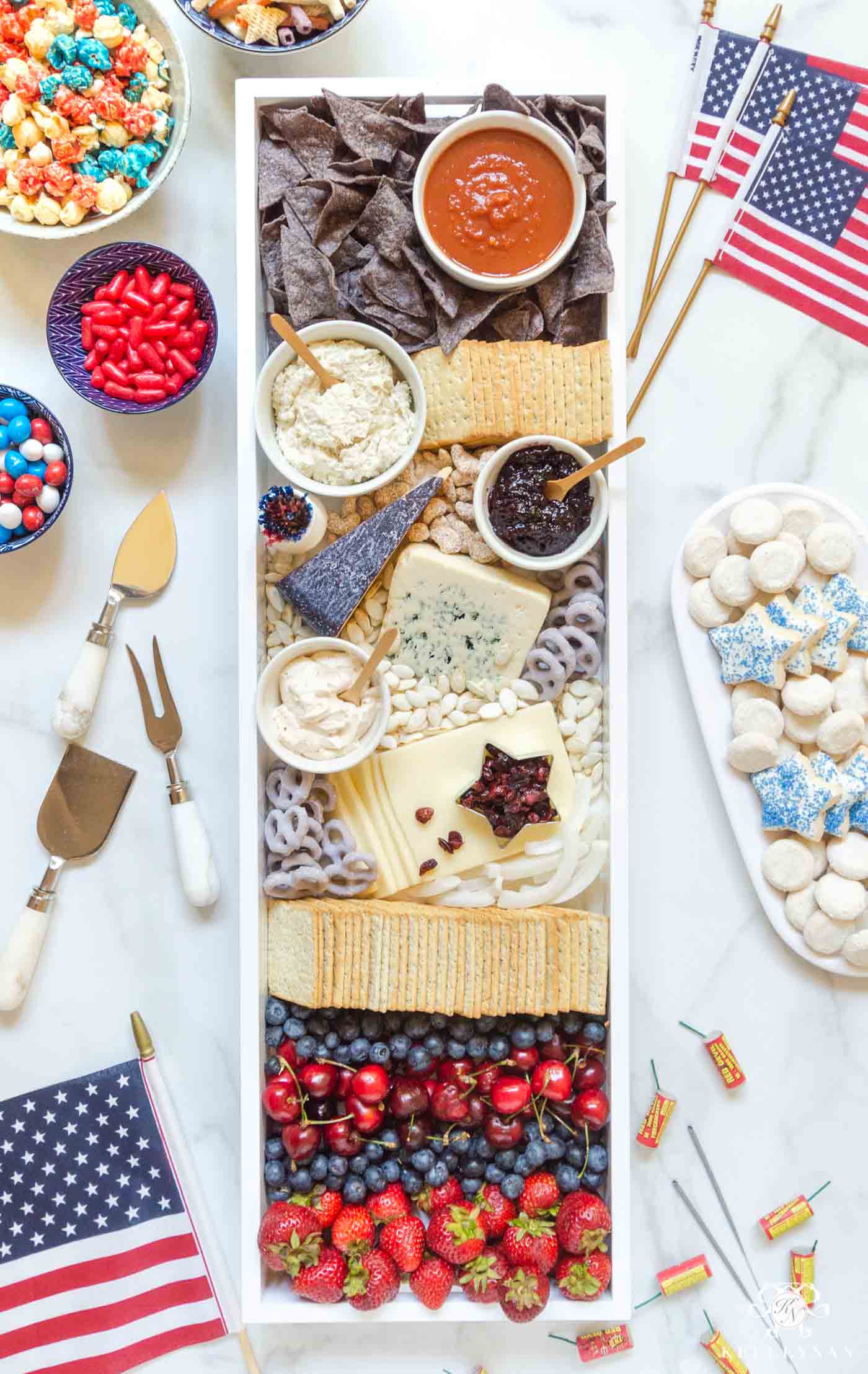 Red, White and Blue Charcuterie Cheese Board -- Fourth of July Food Ideas