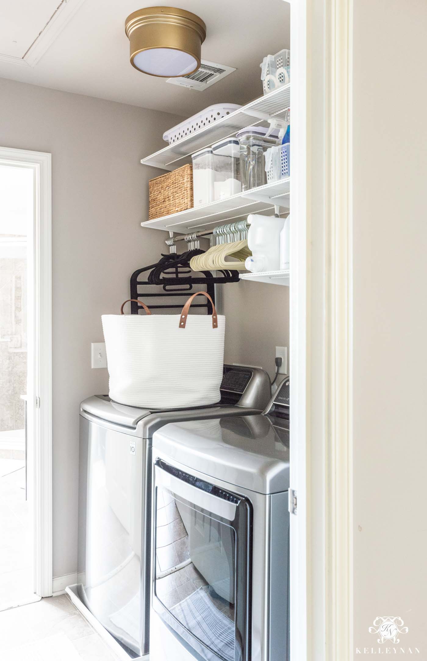 Sherwin Williams Versatile Gray Paint in the Laundry Room with Low Light