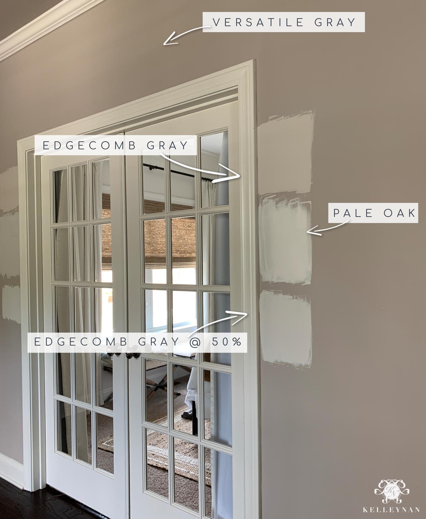 WARM GRAY PAINT COMPARISON IN SOUTH FACING ROOM: Benjamin Moore Edgecomb Gray vs. Benjamin Oak Pale Oak vs. Sherwin Williams Versatile Gray