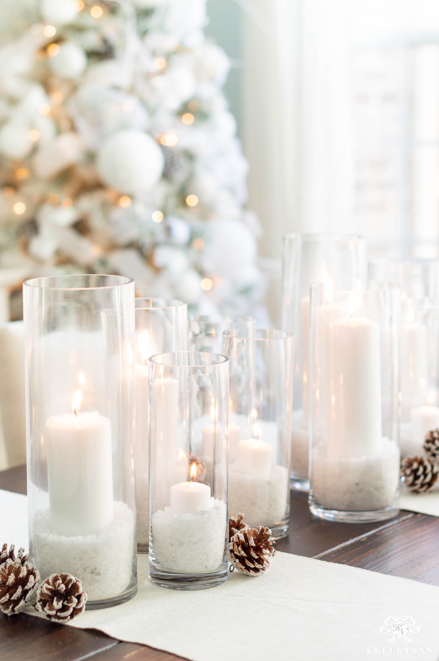 Snowy Christmas Dining Room Table Centerpiece and Christmas Decorations