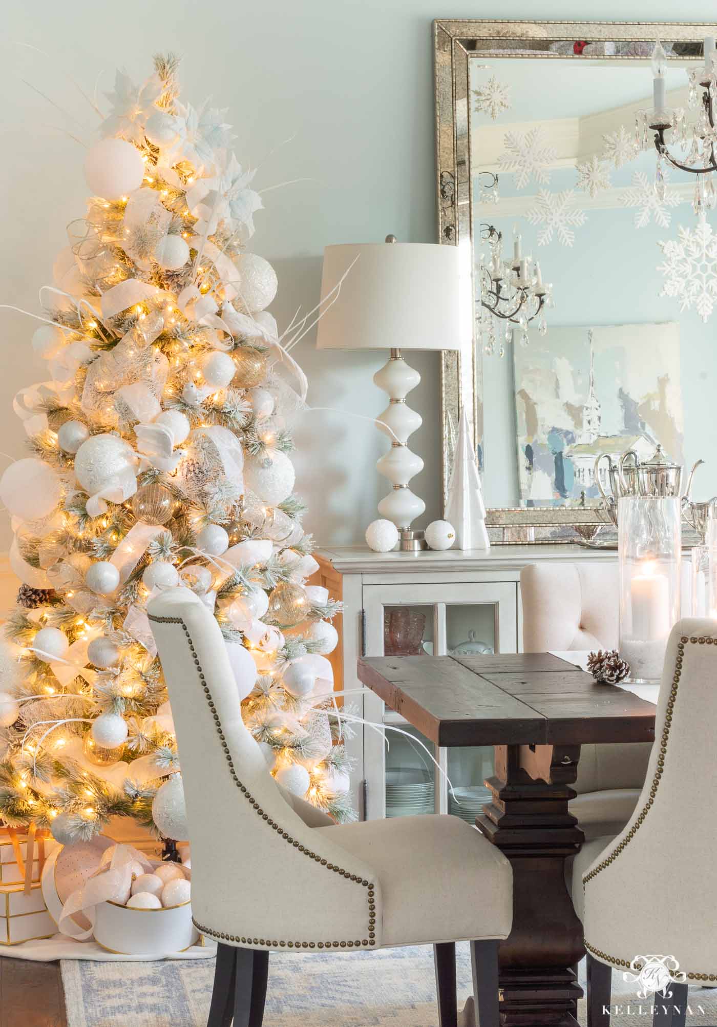 Pair of Snowy White and Blue Christmas Trees in the Dining Room -- Statement Flanking the Sideboard