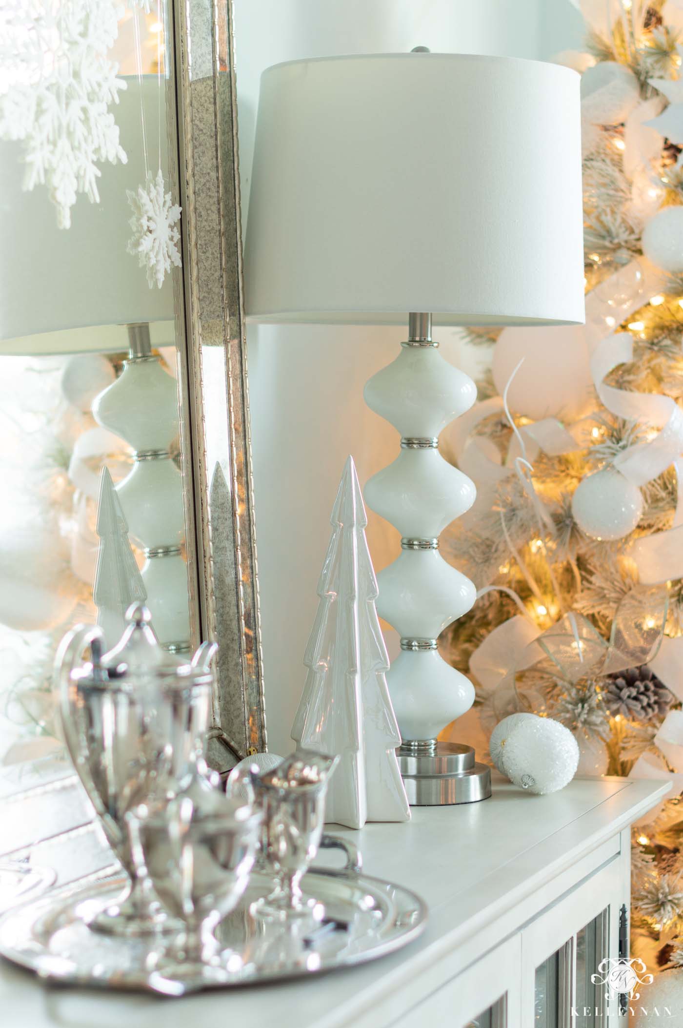 White Christmas Dining Room Decor -- With a Pair of Flocked Christmas Trees!