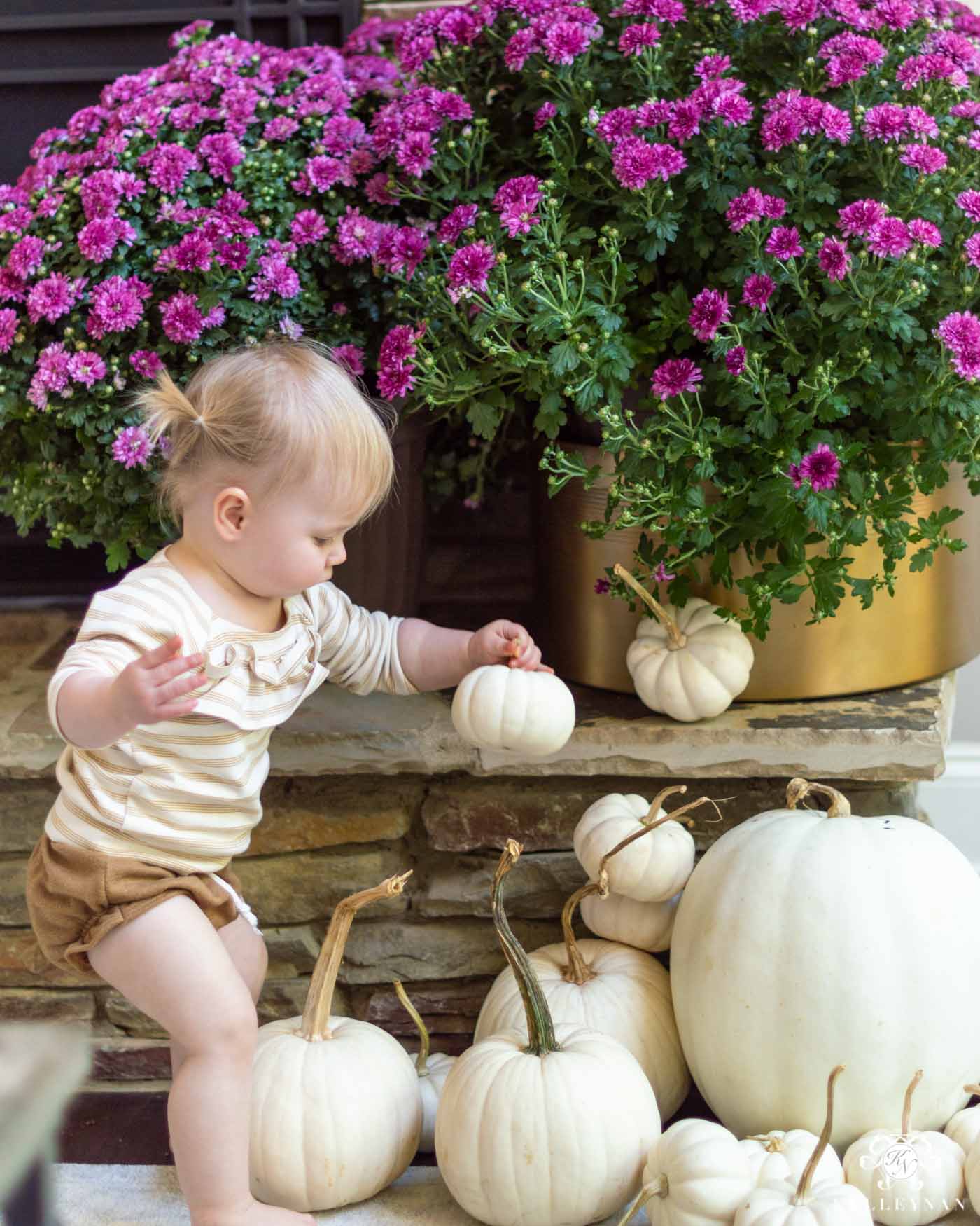Fall Fireplace Decorating Ideas with White Pumpkins and Purple Mums