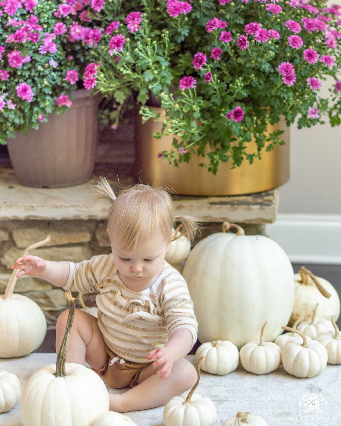 Fall Fireplace Decorating Ideas with White Pumpkins and Purple Mums