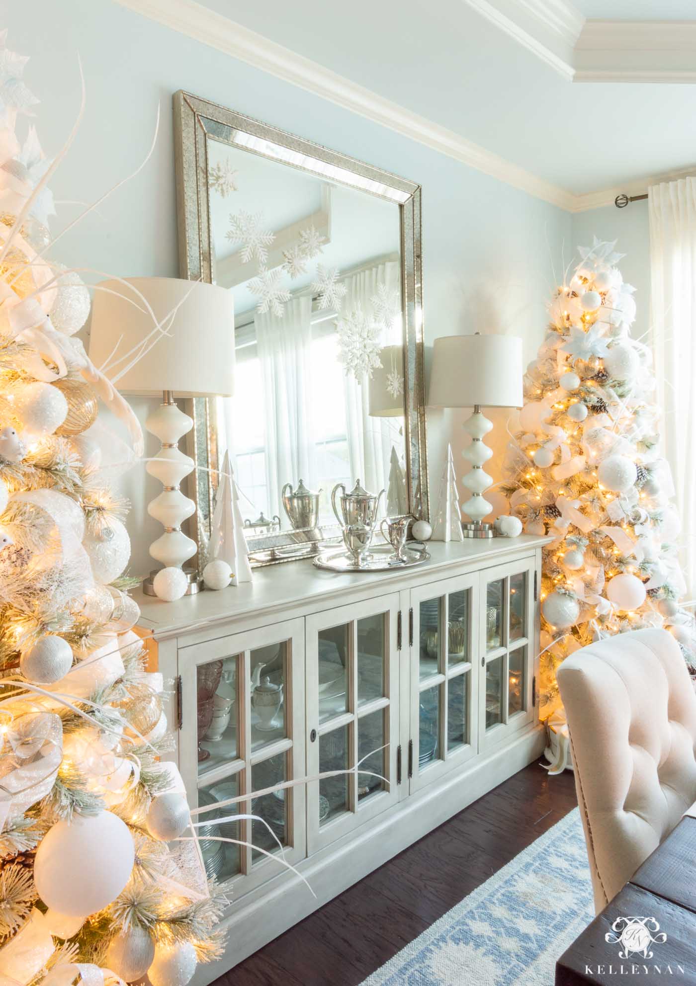 Christmas Decor in the Dining Room -- Matching Flocked Christmas Trees!