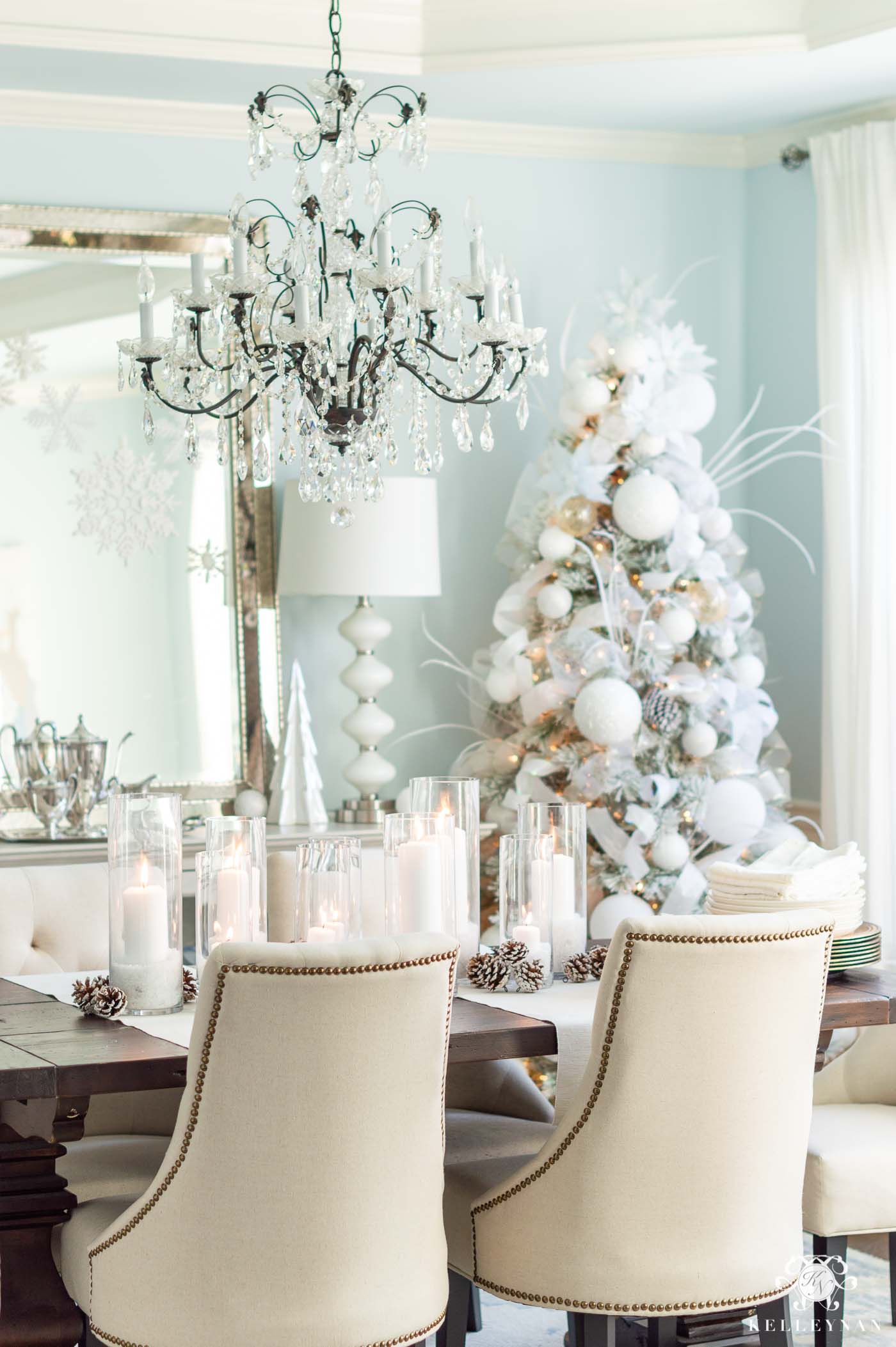 Snowy White and Icy Blue Dining Room Christmas Decor