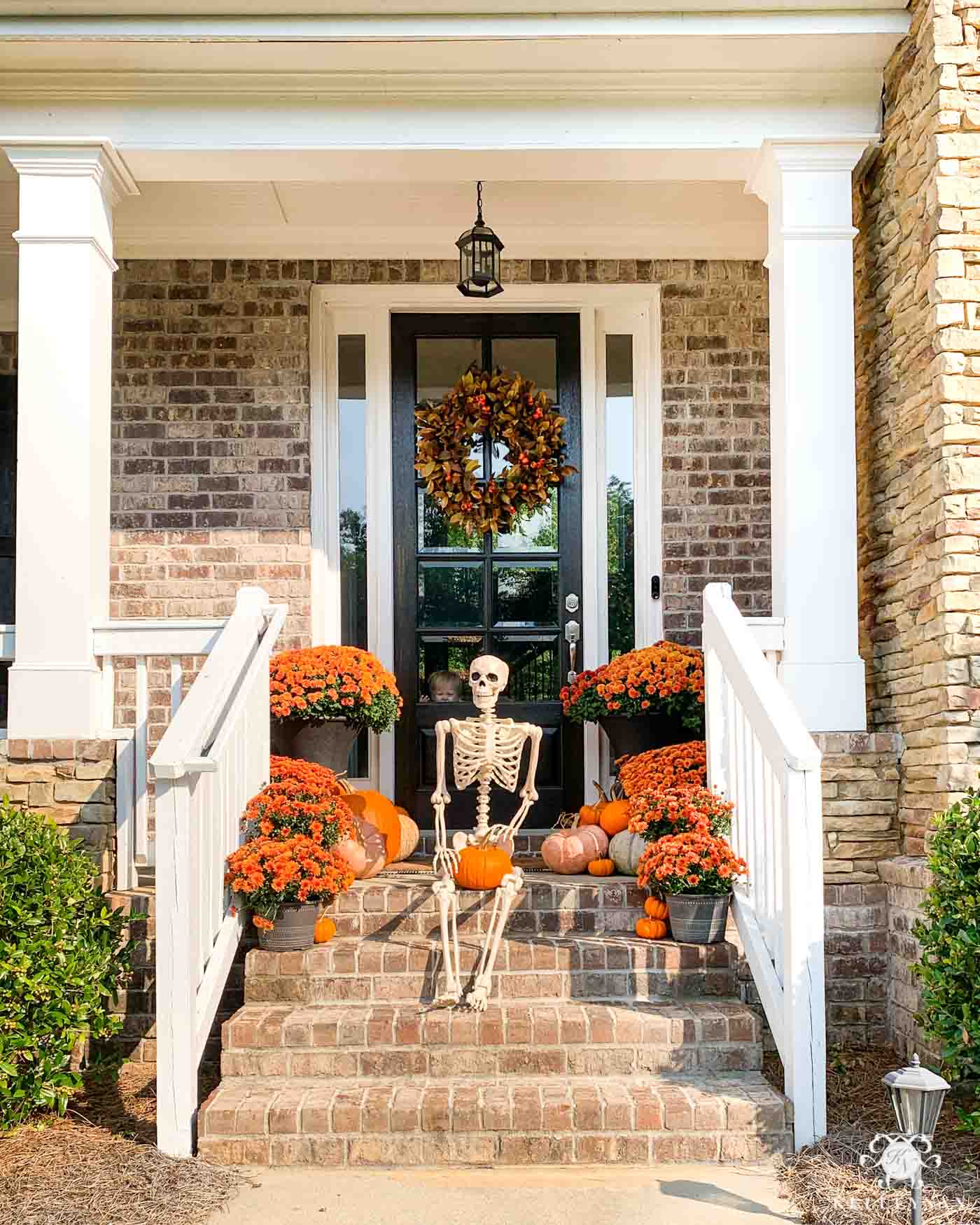 Happy Halloween Porch with Bones Skeleton and Mums