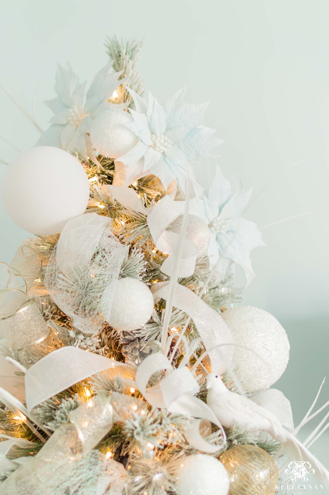 Elegant Feather Christmas Tree - White, Ice Blue, & Gold - Tree