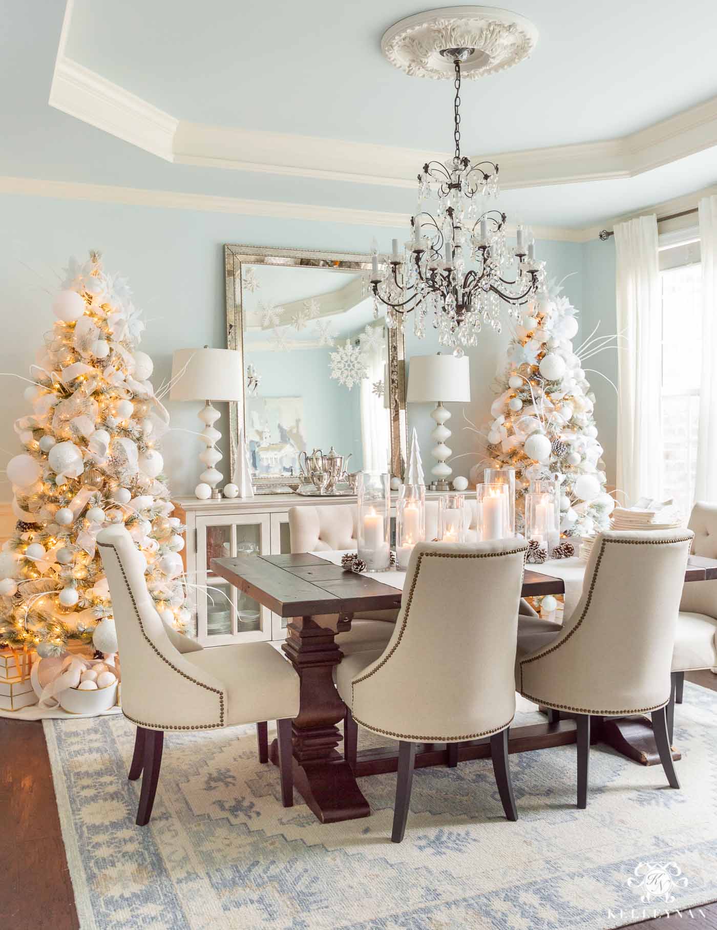 Christmas Decor and Christmas Trees in the Dining Room -- Snowy White and Icy Blue