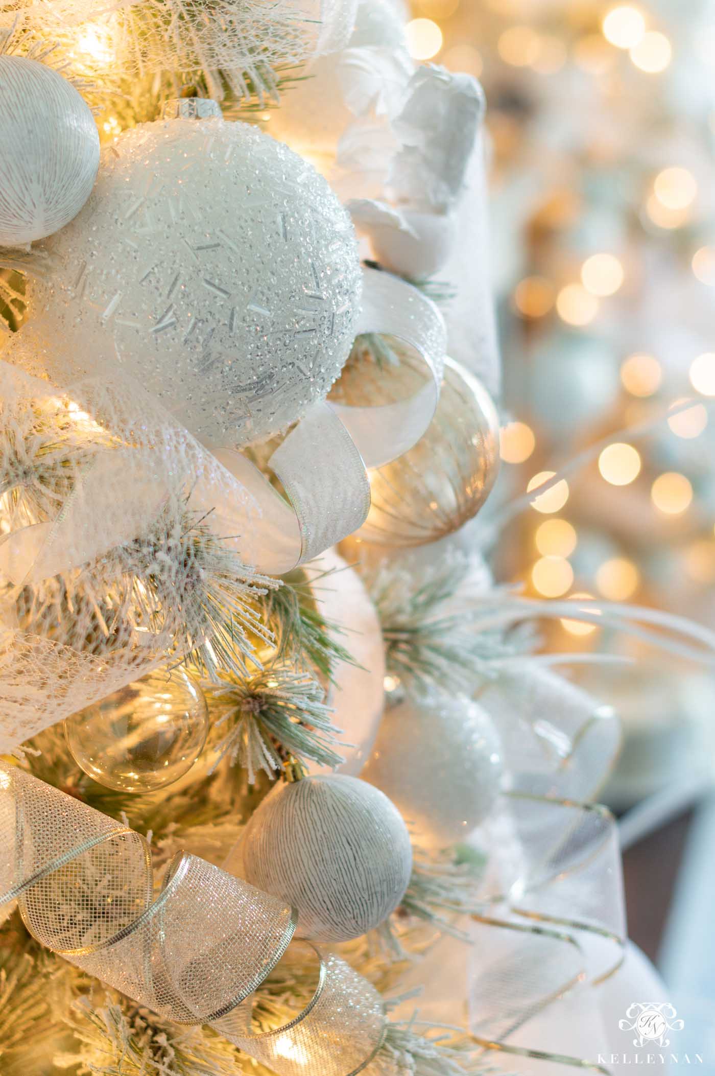 Snowy White Flocked Christmas Trees -- Decorated and Styled in the Dining Room