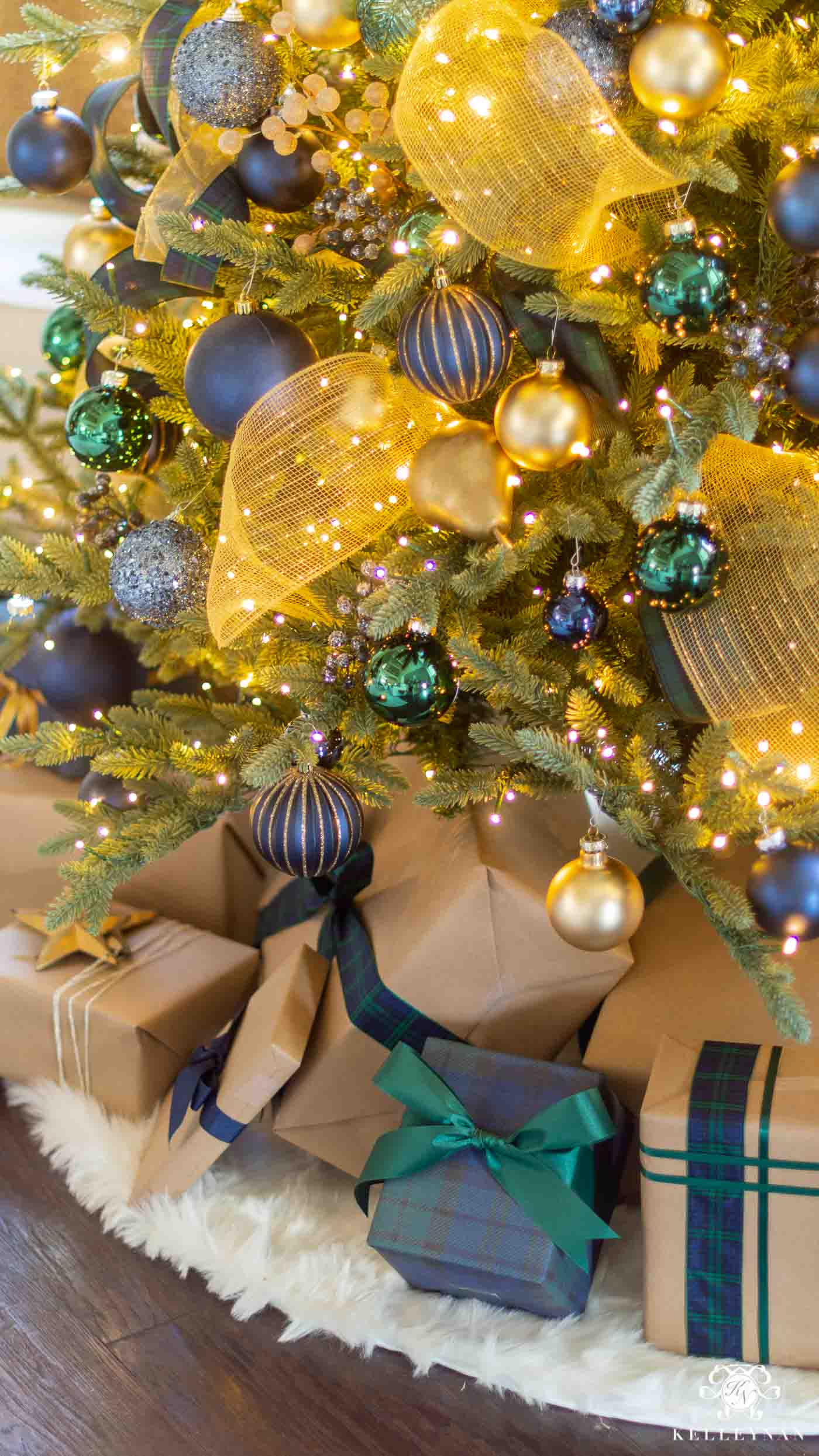 Navy Blue, Green and Gold Christmas Tree and Christmas Home Decor