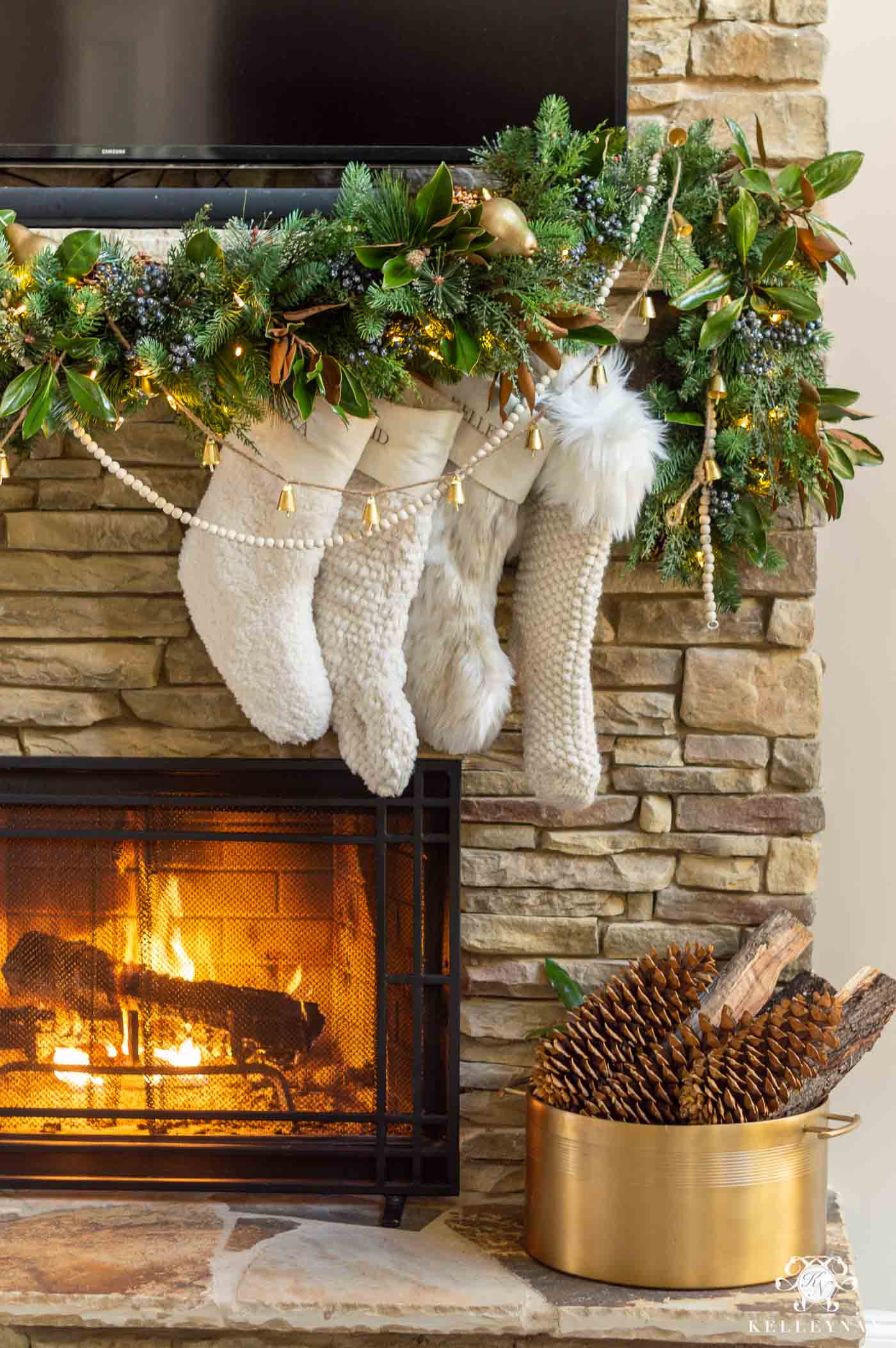 Stone Fireplace Christmas Decor and Mantel Garland with Fur Stockings