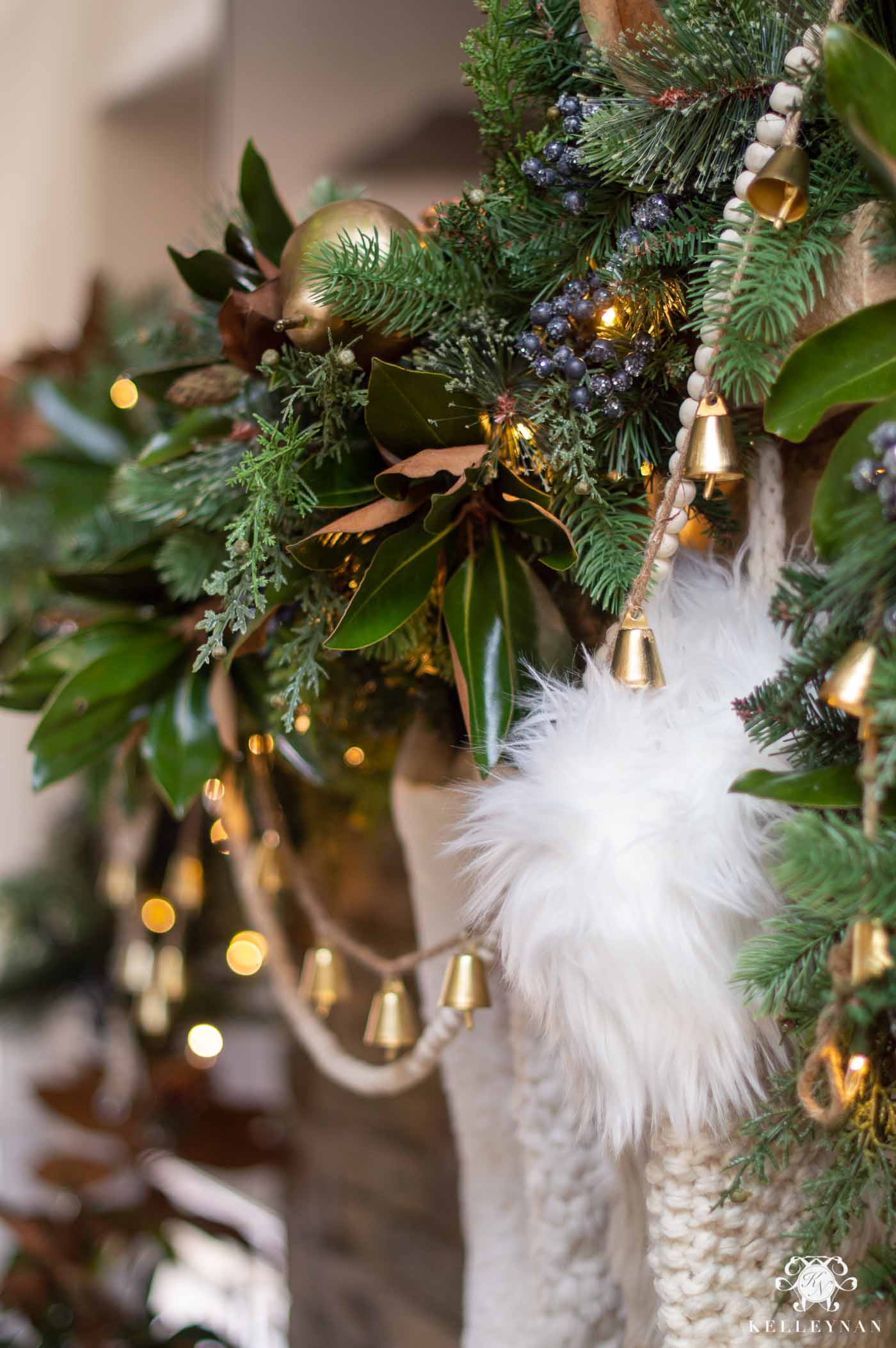 Christmas Mantel Garland with Bells, Magnolia Leaves, and Blueberries