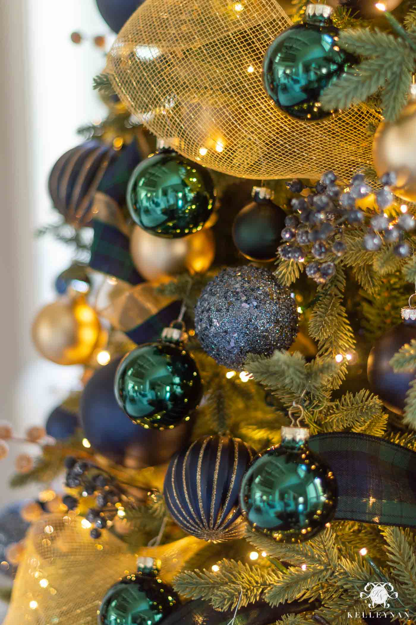 Christmas Tree Decor with Ornament Balls and Mesh Ribbon